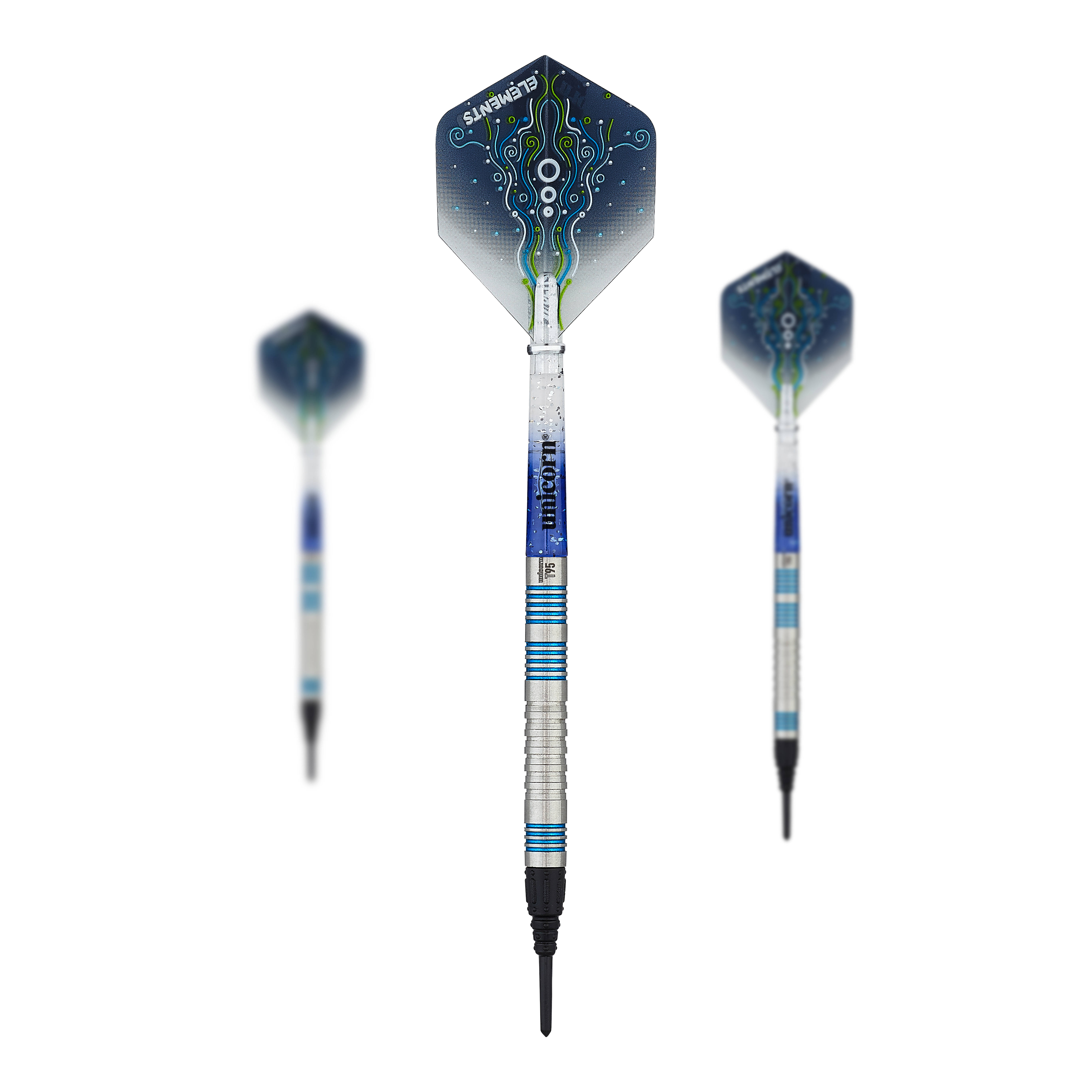Unicorn T95 Core XL Blue miękkie lotki Das Bild zeigt drei Softdarts des Modells "Unicorn T95 Core XL Blue". Die Darts haben silberne Schäfte mit blauen Akzenten und blaue Flights mit einem abstrakten Muster.