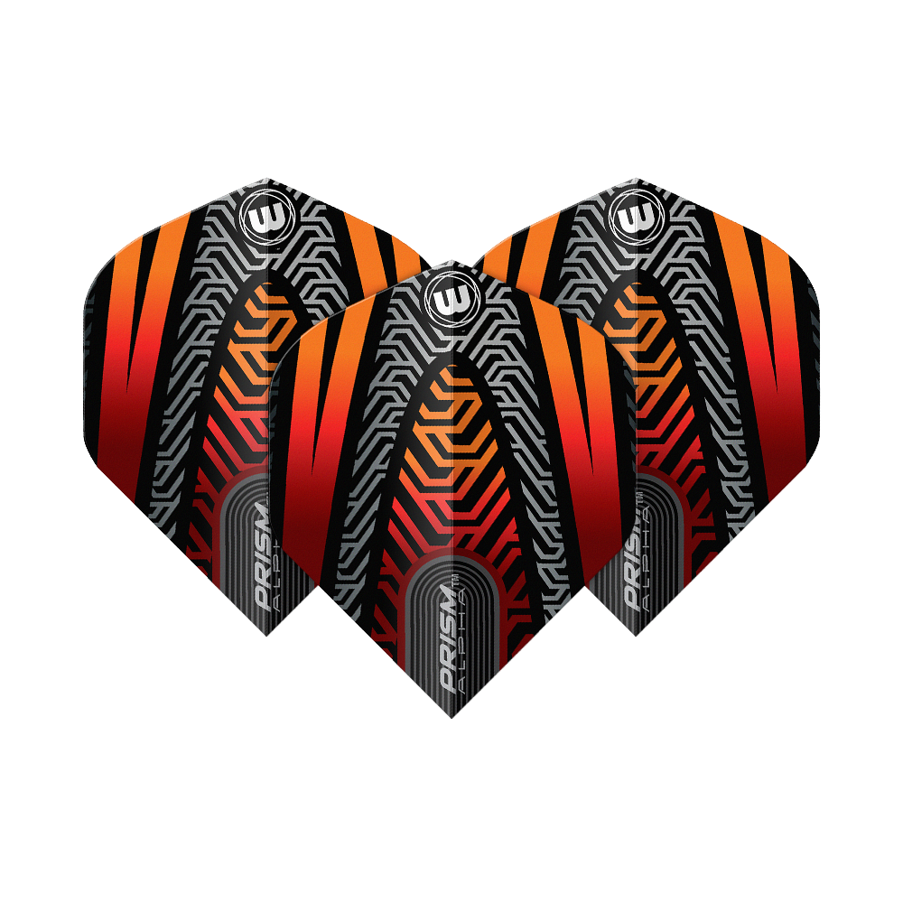 Das Bild zeigt drei Winmau Prism Alpha Schwarz Orange No2 Standard Flights. Die Flights haben ein auffälliges Design in Schwarz, Orange und Rot mit geometrischen Mustern.