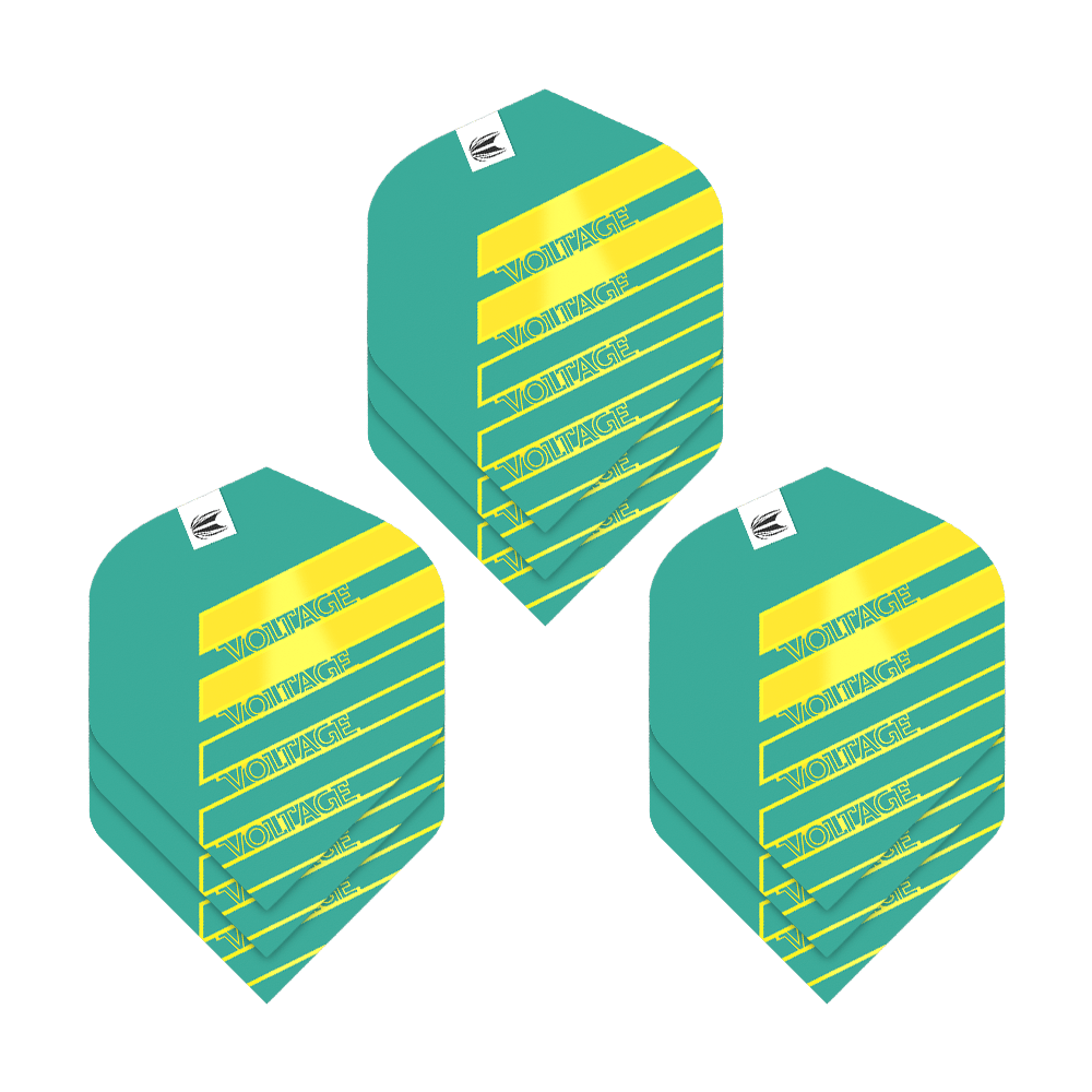 Lotki Target Pro Ultra Rob Cross Aqua No2 Standard - 3 zestawy Das Bild zeigt drei Sets von Target Pro Ultra Rob Cross Aqua No2 Standard Flights. Die Flights sind türkis mit gelben Streifen und dem Schriftzug "VOLTAGE" darauf.