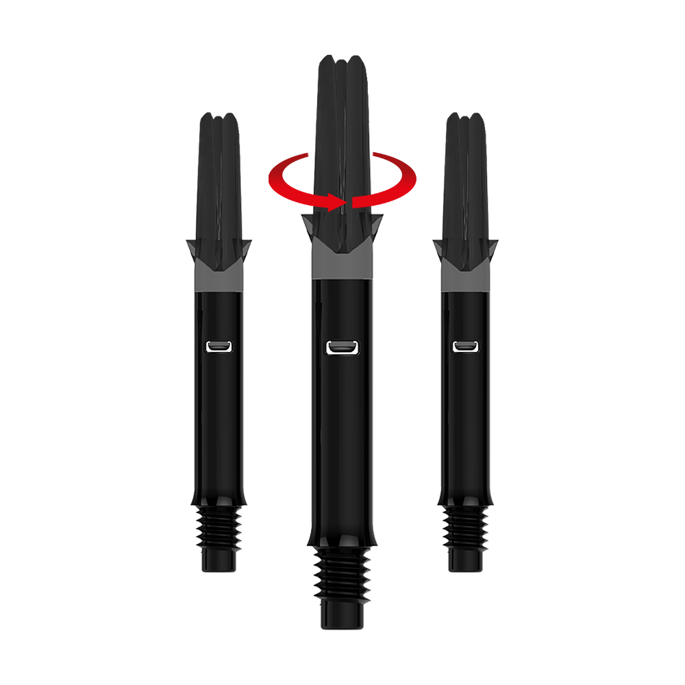 Wałki L-L-Style-Shafts Silent Straight - czarne Das Bild zeigt drei schwarze Dartshafts ohne Kappen. Über dem mittleren Shaft befindet sich ein roter Pfeil, der eine Drehbewegung anzeigt.