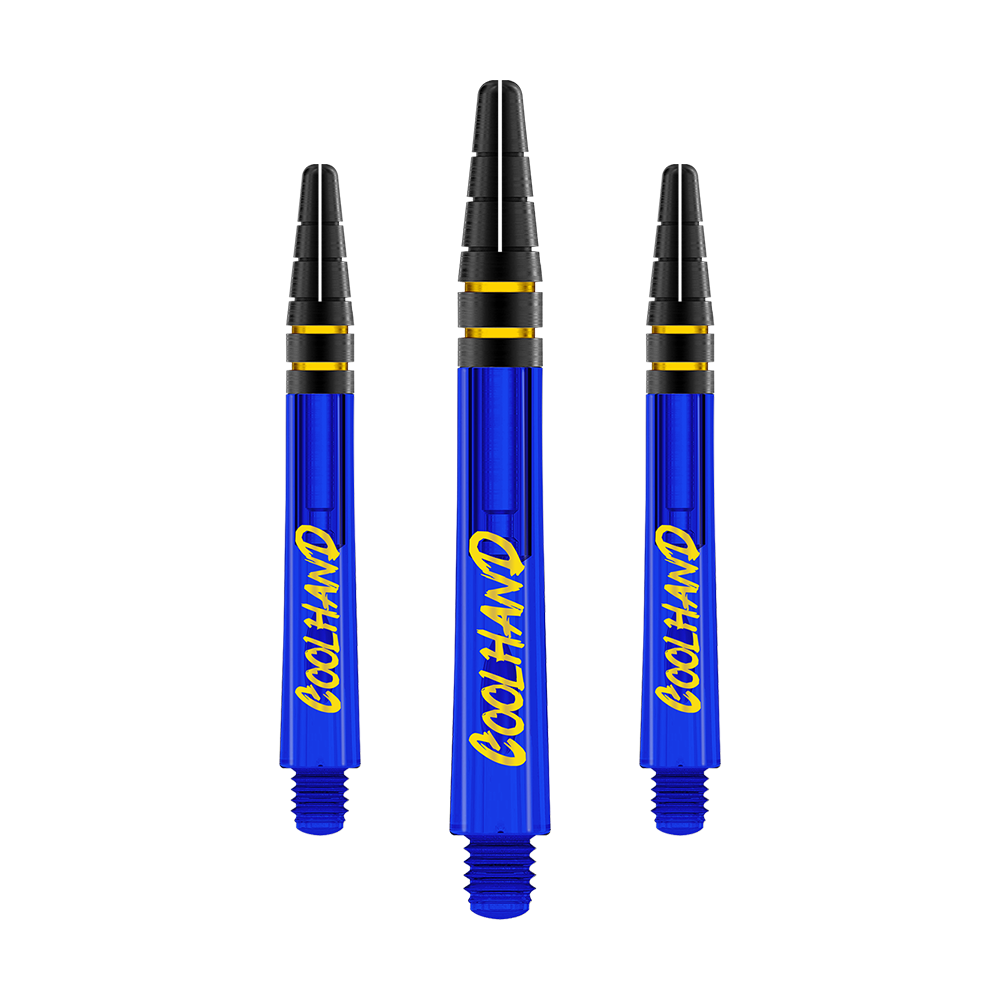 Red Dragon Nitrotech Luke Humphries Coolhand Shafts - Niebieski Auf dem Bild sind drei blaue Dartshafts mit der gelben Aufschrift „COOLHAND“ zu sehen. Die oberen Enden der Shafts sind schwarz mit goldenen Ringen verziert.