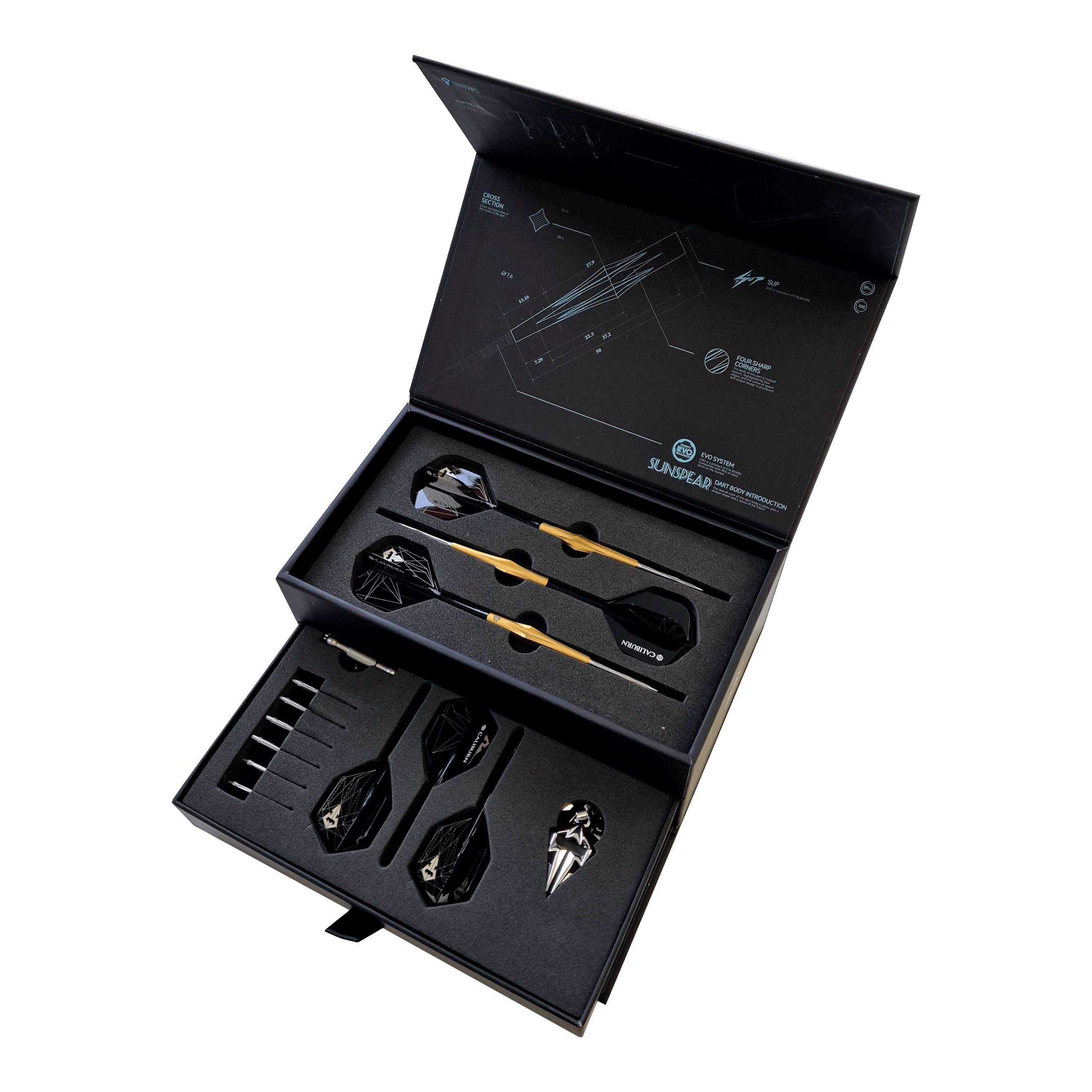 Stalowe lotki Caliburn Starships Series Sunspear - 19 g Abgebildet ist Caliburn Starships Series Sunspear Steeldarts - 19g. Das Produkt zeigt einen Satz hochwertiger Steeldarts.