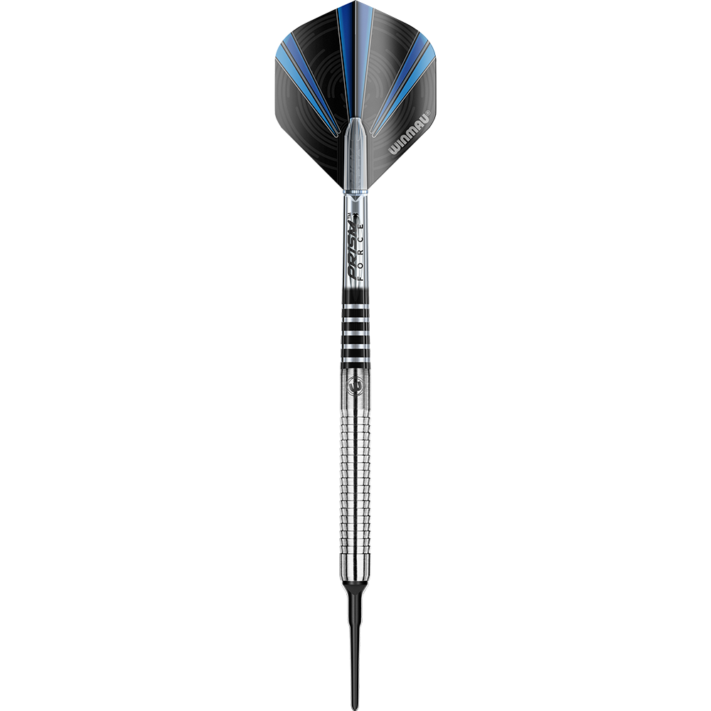 Das Bild zeigt einen Softdartpfeil mit einer schwarzen und blauen Flights. Der Schaft ist silbern mit schwarzen Ringen und die Spitze ist aus Kunststoff.