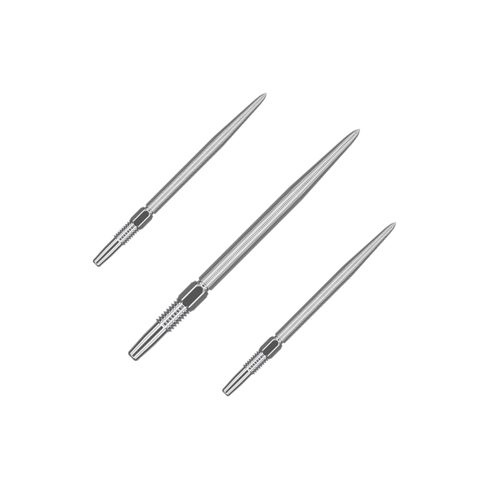 Końcówki do rzutek Target Swiss Point Nano Dart - srebrne Das Bild zeigt drei silberne Dartspitzen in einer Reihe. Jede Spitze ist schlank und hat ein feines Gewinde am unteren Ende.
