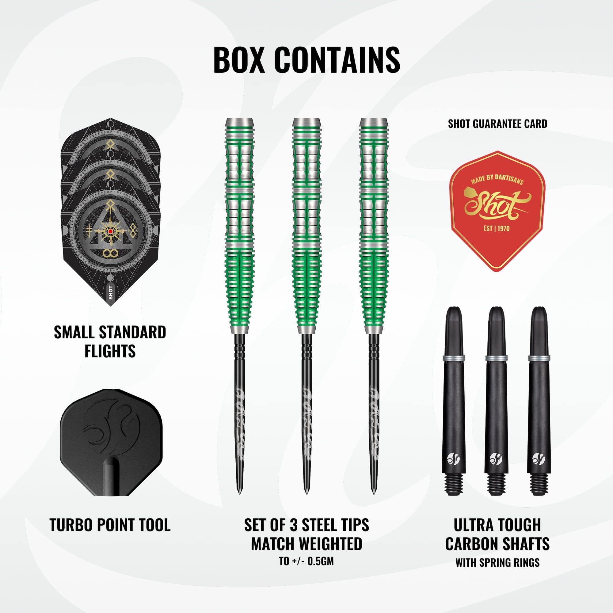 Shot Alchemy Mythril Turbo Point Steeldarts Das Bild zeigt ein Set Shot Alchemy Mythril TurboPoints Steeldarts. Die Darts sind dekorativ angeordnet.
