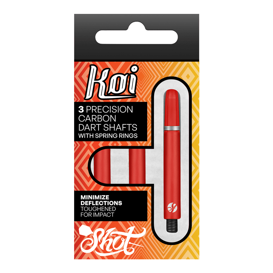 Wałki karbonowe Shot Koi - czerwone Die Verpackung zeigt drei präzise Koi Carbon-Dartschäfte in Rot. Sie sind für minimale Ablenkung und hohe Schlagfestigkeit ausgelegt.