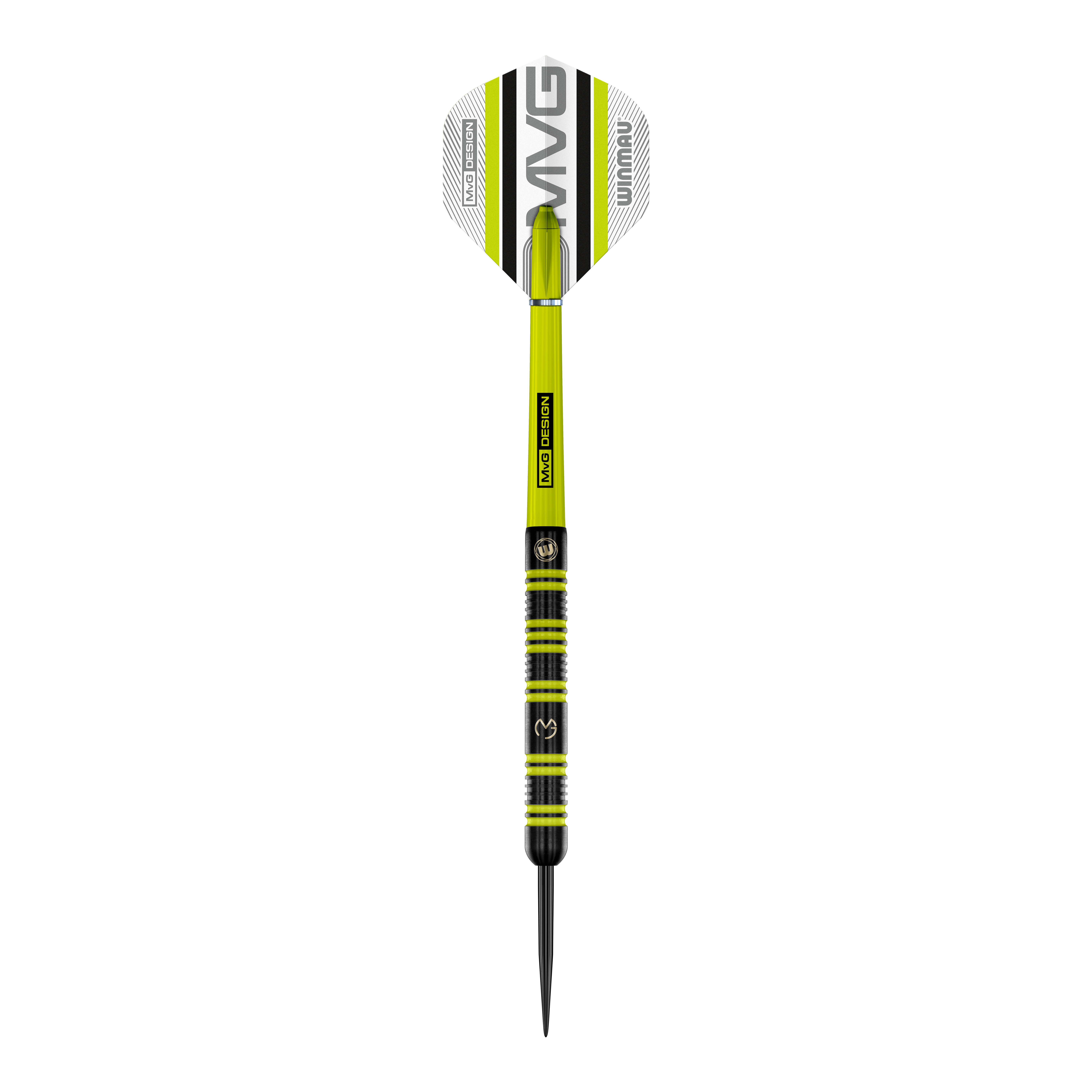 Stalowe rzutki Winmau Michael Van Gerwen 85 Pro-Series Auf dem Bild ist ein Winmau Michael Van Gerwen 85 Pro-Series Steeldart zu sehen. Der Dart hat ein modernes Design mit grünen und schwarzen Akzenten sowie der Aufschrift „MVG DESIGN“ auf dem Schaft.
