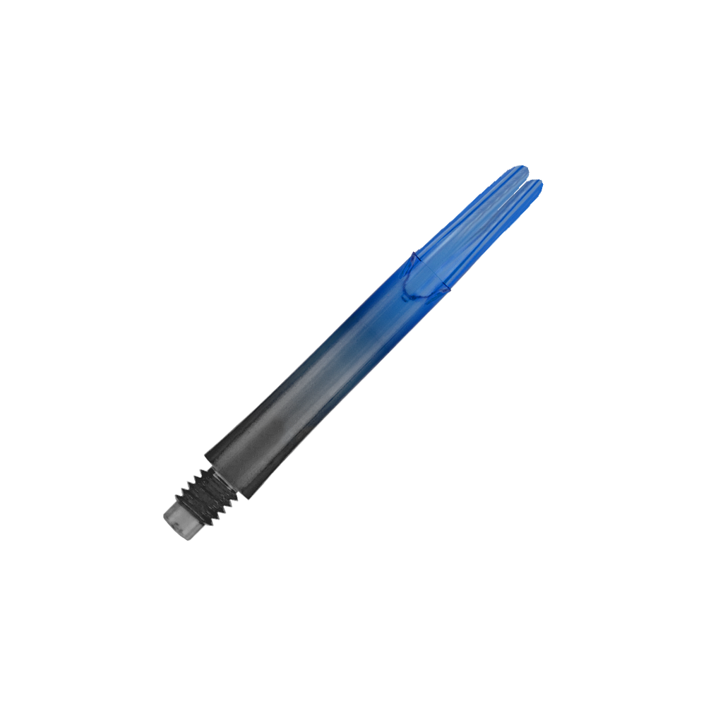 Das Bild zeigt einen zweifarbigen Dart-Schaft in Schwarz und Blau. Der Schaft hat ein gerades Design und ist ohne Kappen abgebildet.
