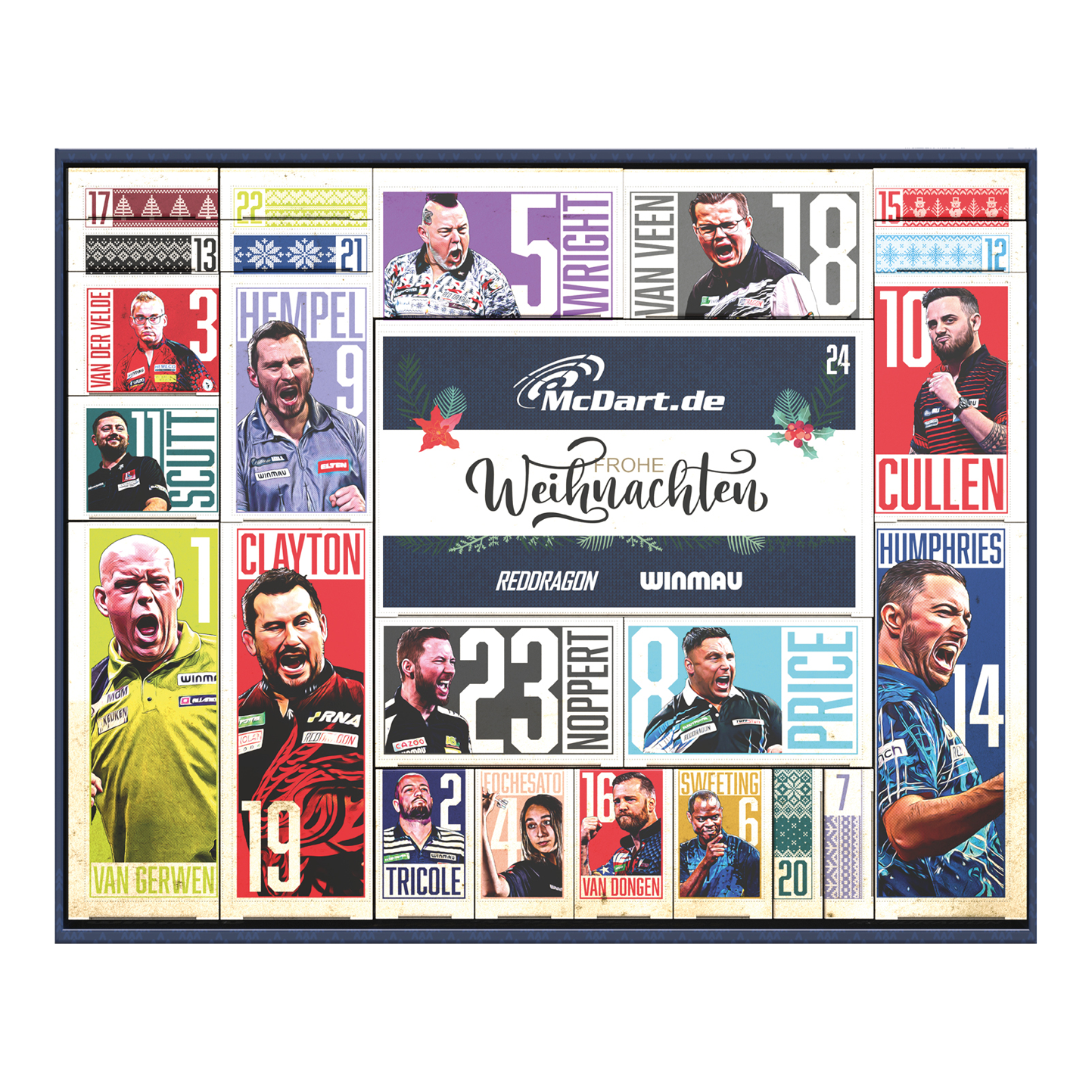 Die Abbildung zeigt den McDart Darts Adventskalender 2025. Der Kalender enthält verschiedene Zubehörteile für Dartspieler.