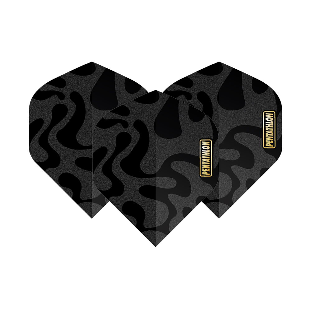 Pentathlon Flights RT Camo Das Bild zeigt drei Pentathlon RT Camo No2 Standard Flights für Darts. Sie haben ein schwarzes Camouflage-Muster und das Pentathlon-Logo in Gelb.