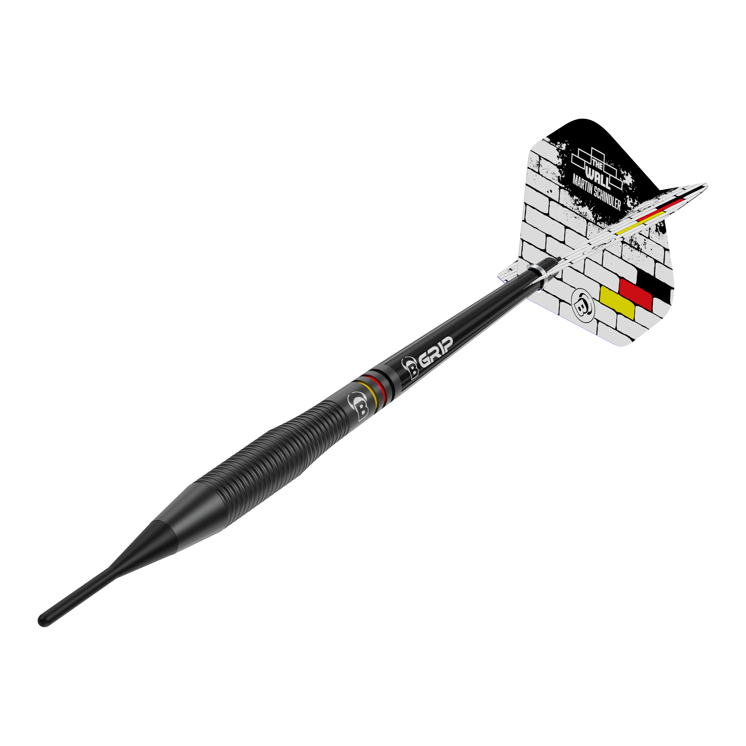 Das Bild zeigt den Softdart "Bulls Martin Schindler The Wall Black Brass" mit einem Gewicht von 18g. Der Dart ist schwarz und hat am Flight ein Mauer-Design mit den Farben der deutschen Flagge.