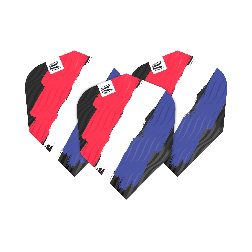 Das Bild zeigt drei Dartflights mit einem Design in den Farben Rot, Weiß und Blau. Auf jedem Flight befindet sich außerdem ein kleines Markenlogo in der Ecke.