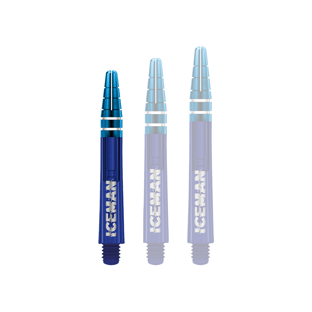 C810_Red_Dragon_Nitrotech_Gerwyn_Price_Blue_Shafts_36mm_1bW1ak37GQVIvd Das Bild zeigt drei blaue Dartschäfte mit silbernen Ringen. Auf den Schäften steht das Wort "ICEMAN" in weißen Buchstaben.