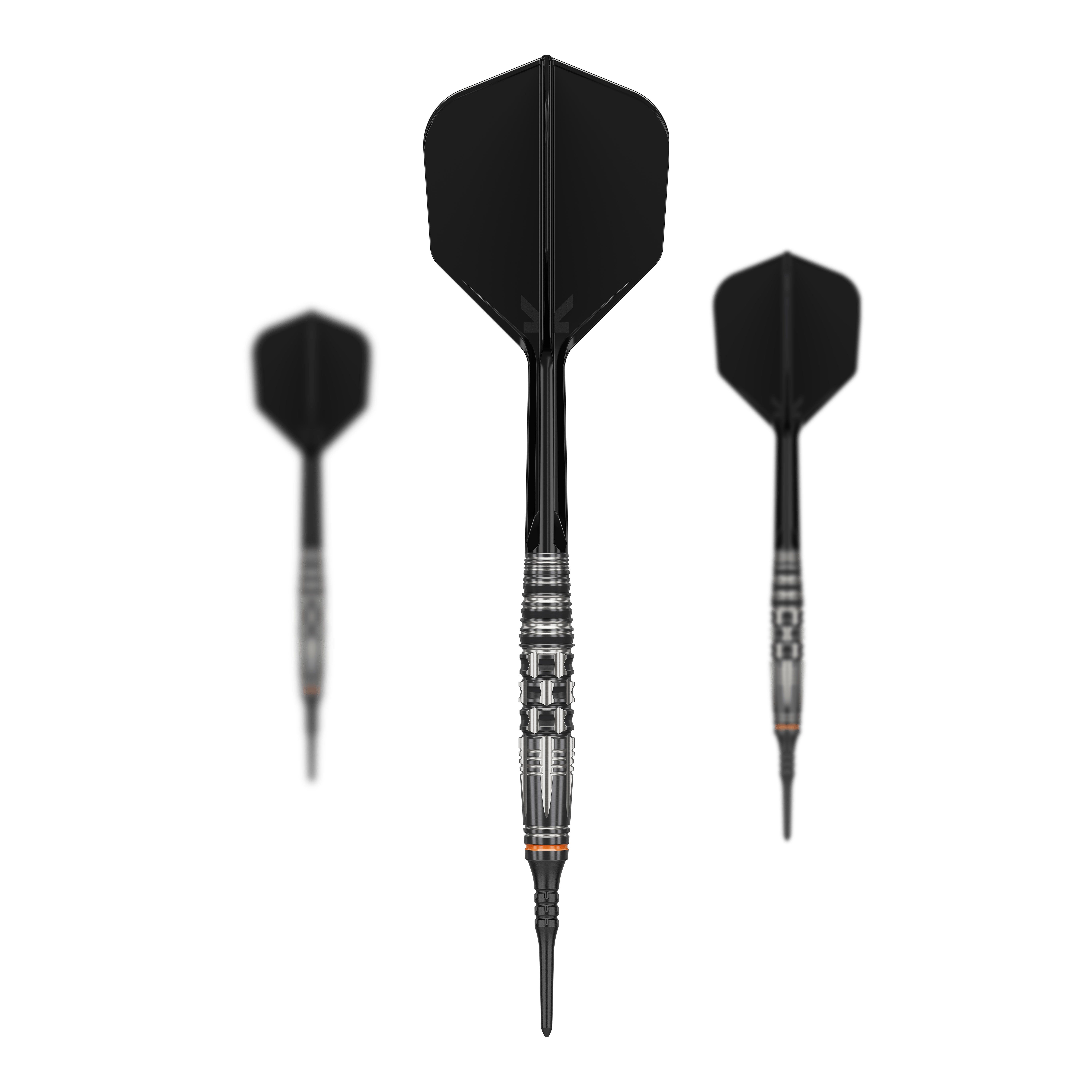 Target Japan Black Marque Dancing Duck GEN 4 Soft Darts - 17g Das Bild zeigt drei Softdarts des Modells "Target Japan Black Marque Dancing Duck GEN 4" mit einem Gewicht von 17g. Die Darts haben ein modernes, schwarzes Design mit silbernen Akzenten am Barrel.