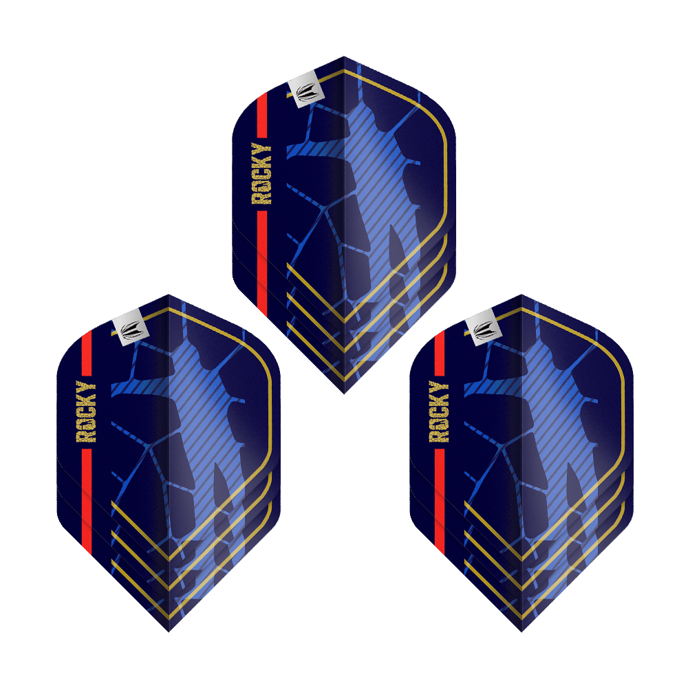 Target Pro Ultra Josh Rock GEN1 No2 Standard Flights - 3 zestawy Das Bild zeigt drei Sätze der Target Pro Ultra Josh Rock GEN1 No2 Standard Flights. Die Flights sind dunkelblau mit goldenen, roten und blauen Akzenten sowie dem Schriftzug "ROCKY".