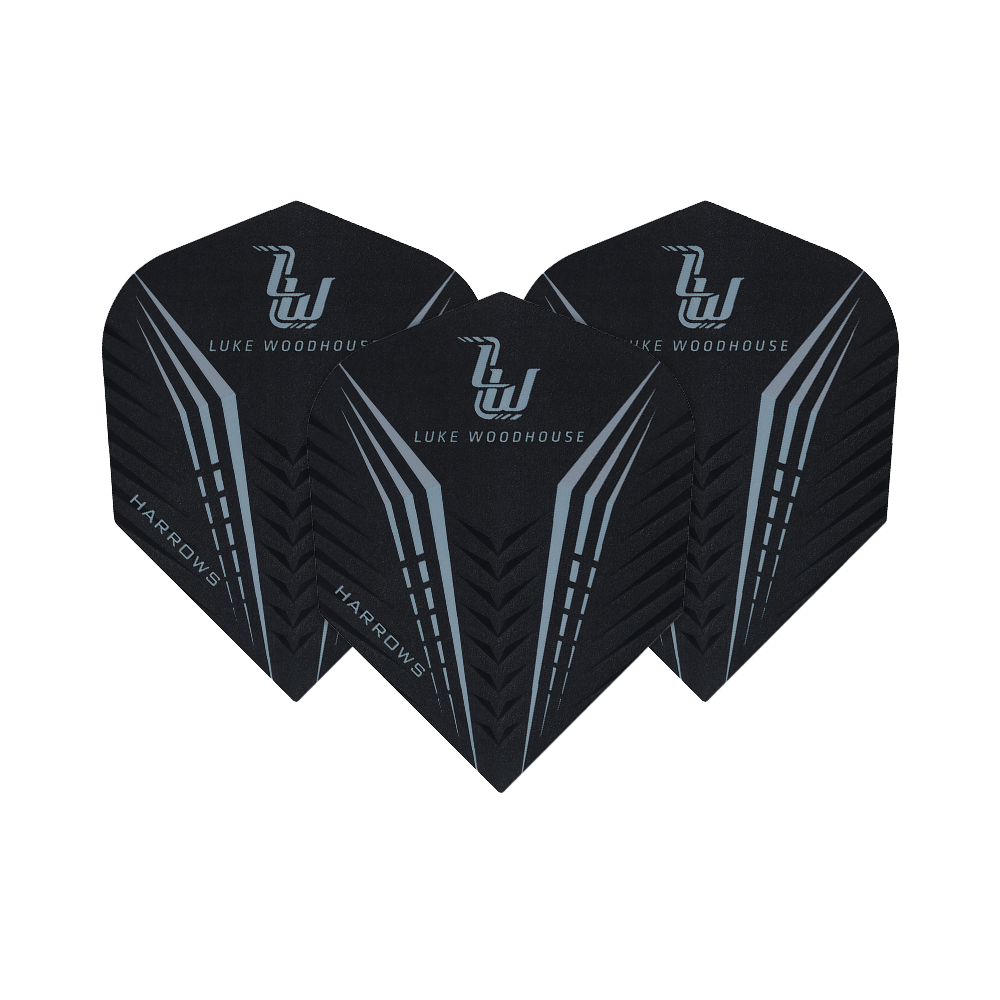 HR24_Harrows_Prime_Luke_Woodhouse_Standard_Flights_1r7PrZsxe6SYWc Das Bild zeigt drei Sätze der Harrows Prime Luke Woodhouse Standard Flights für Darts. Sie sind schwarz mit silbernen Linien und dem Namen "Luke Woodhouse" darauf.