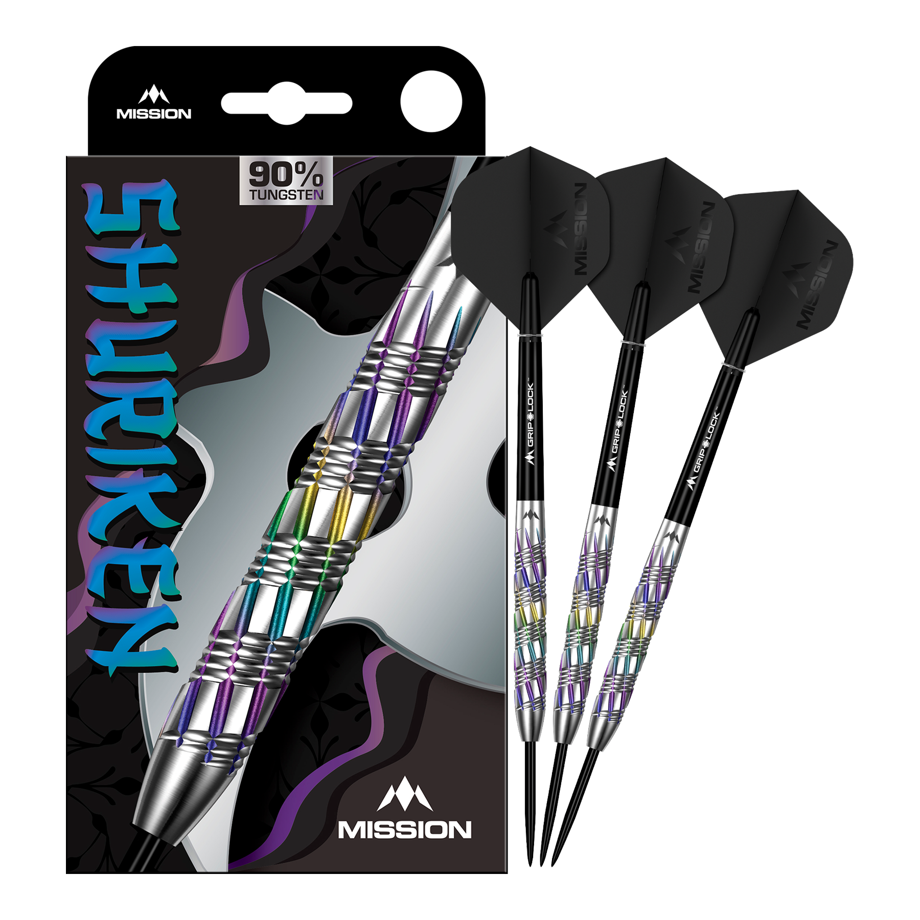 Misja Shuriken Steel Darts Mission Shuriken Steeldarts sind professionelle Steeldarts. Das Bild zeigt das vollständige Set der Mission Shuriken Steeldarts.