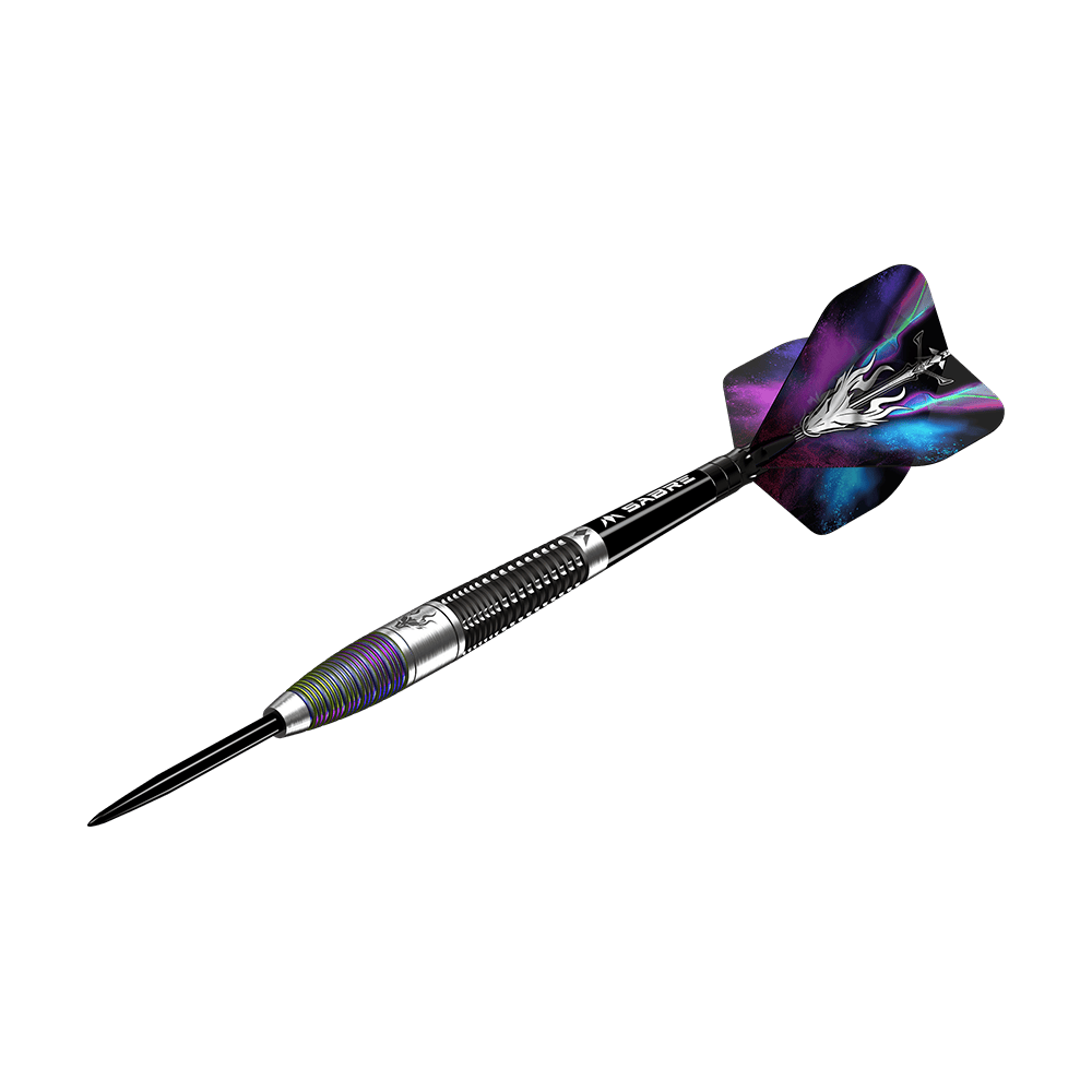 Dies ist der Mission Occult Steeldart mit einem Gewicht von 23 Gramm. Er hat einen metallischen Schaft und bunte, dekorative Flights.