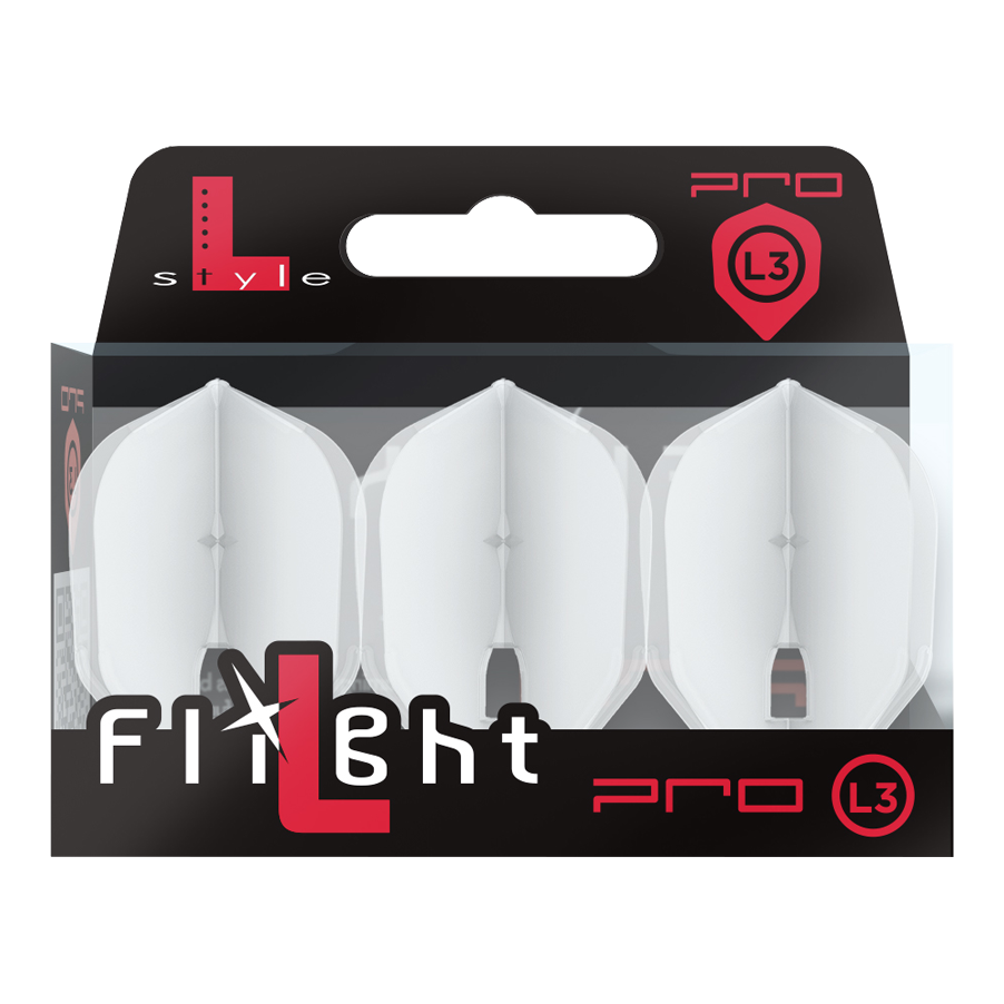 Die Abbildung zeigt eine Packung mit drei weißen Dartflights der Marke L-Style. Die Verpackung ist schwarz und transparent und trägt die Aufschrift "Flight Pro L3".
