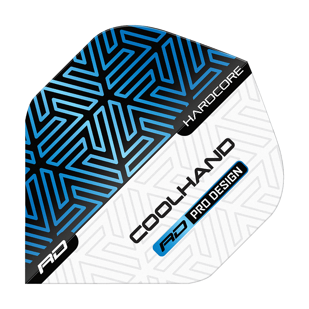 Red Dragon Hardcore Luke Humphries Niebiesko-Biały Premium Standardowe Loty Das Bild zeigt ein Dartflight in Blau, Schwarz und Weiß mit geometrischem Muster. Auf dem Flight stehen die Wörter „HARDCORE“, „COOLHAND“ und „RD PRO DESIGN“.