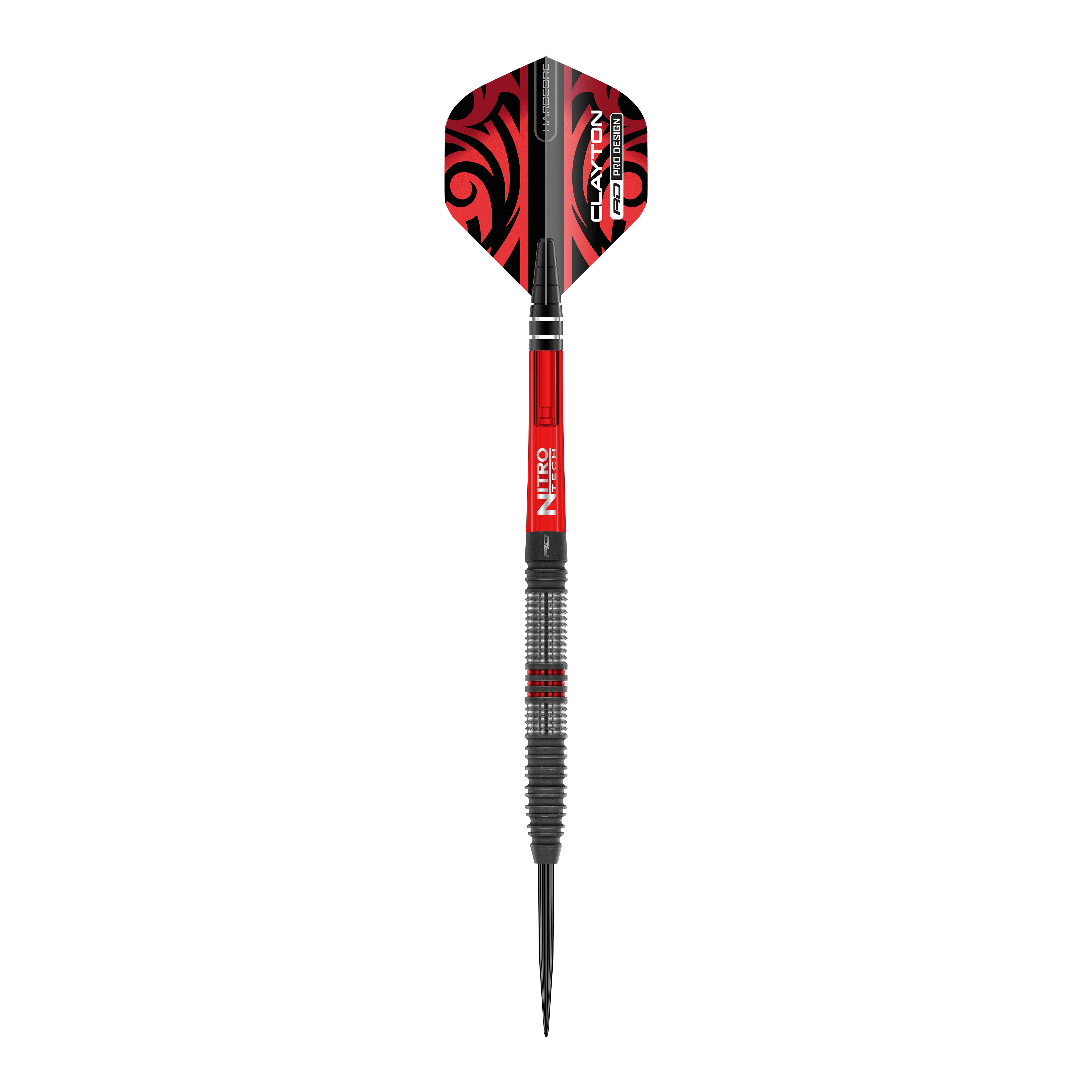 Stalowe strzałki Red Dragon Jonny Clayton Hiraeth Das Bild zeigt einen Red Dragon Jonny Clayton Hiraeth Steeldart. Der Dart ist in Schwarz und Rot gehalten und hat auffällige Muster auf den Flights.
