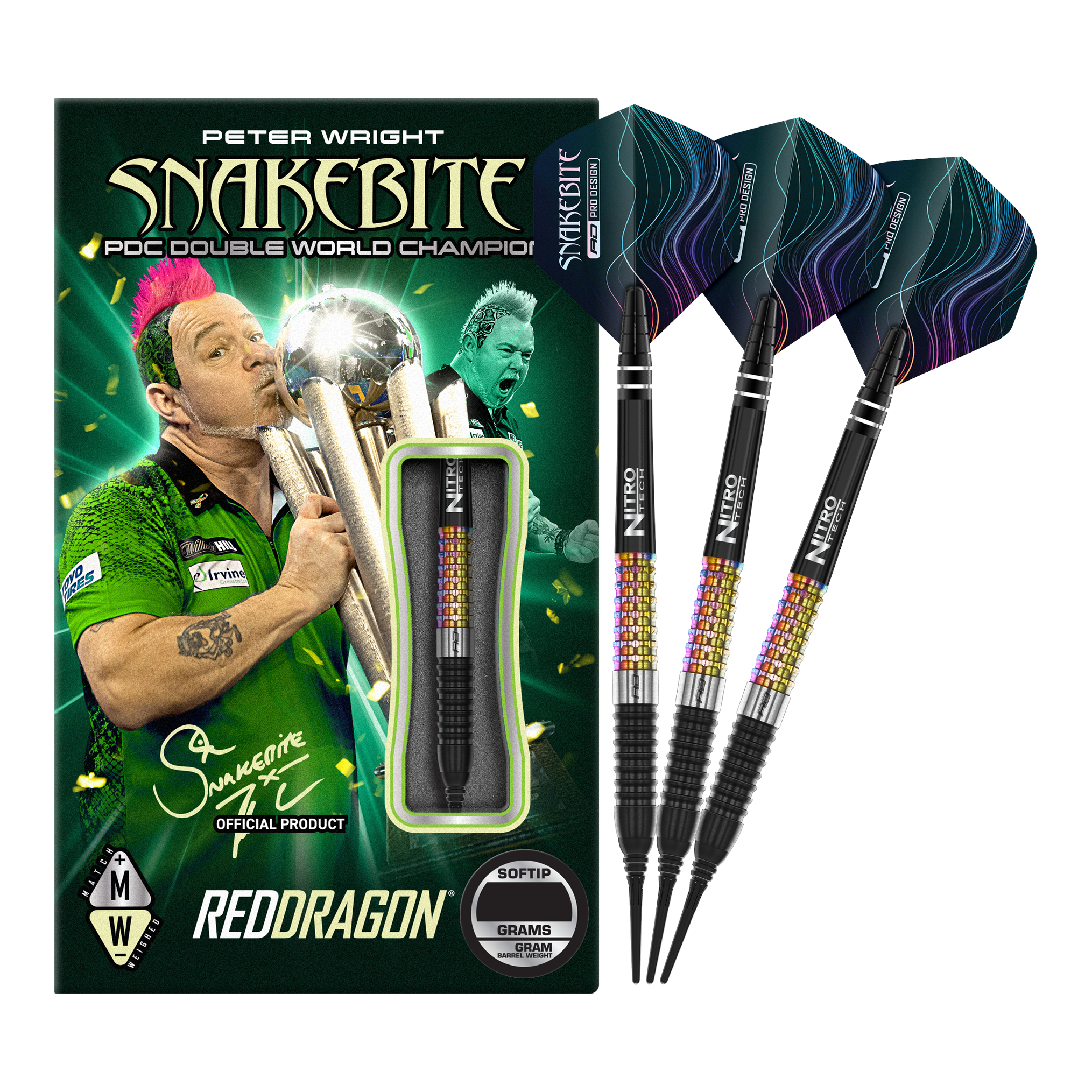 Das Bild zeigt das Produkt "Red Dragon Peter Wright Corra Softdarts - 18g" mit einer farbenfrohen Verpackung. Drei Softdarts mit buntem Griff und schwarzen Spitzen sind daneben abgebildet.