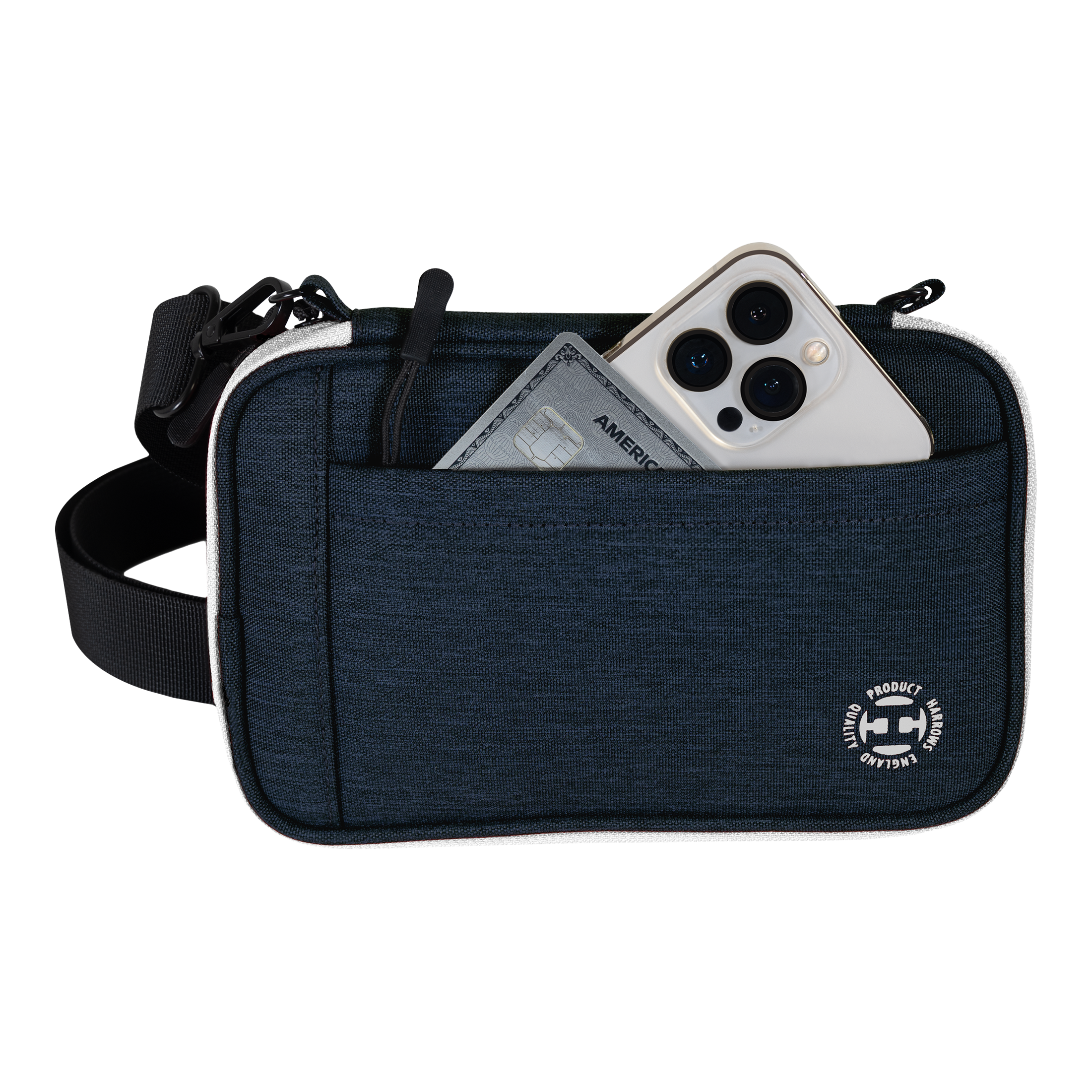 Etui na lotki Harrows Smart Case XL Eine blaue Tasche mit Vorderfach enthält ein Smartphone und eine Kreditkarte. Am unteren Rand der Tasche befindet sich ein rundes weißes Logo.