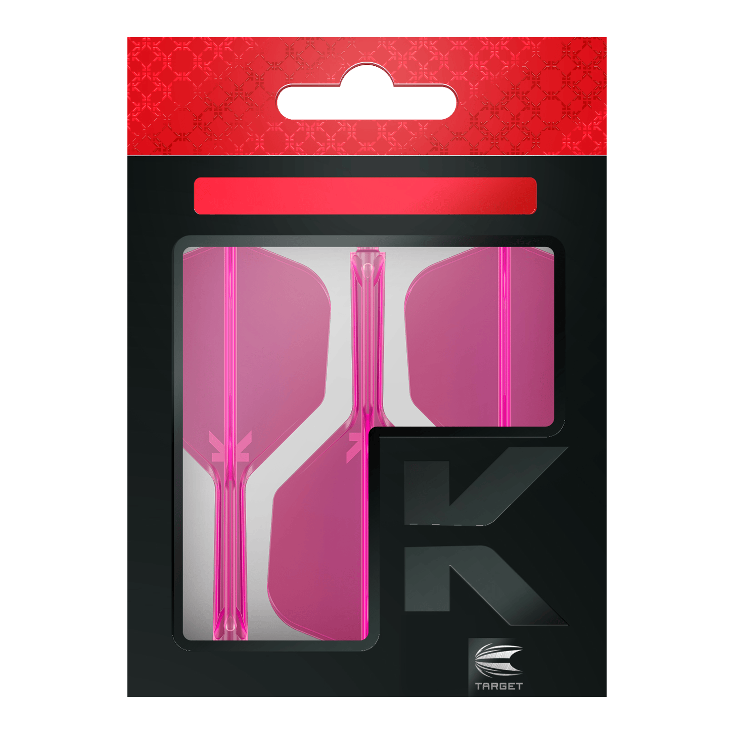 System lotu Target K-Flex No6 – neonowy róż Auf dem Bild ist eine Verpackung mit drei pinken Dartflights zu sehen. Die Verpackung ist schwarz mit einem roten oberen Rand und dem Markenlogo "Target" unten rechts.
