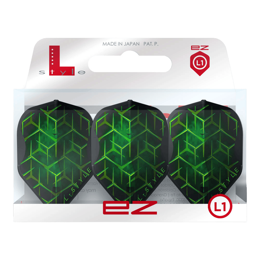 Loty Lukas Wenig V1 Black L1EZ w stylu L Zwei L-Style Lukas Wenig V1 Black L1EZ Flights liegen nebeneinander auf weißem Hintergrund. Die Flächen- und Kantengeometrie wird dargestellt.