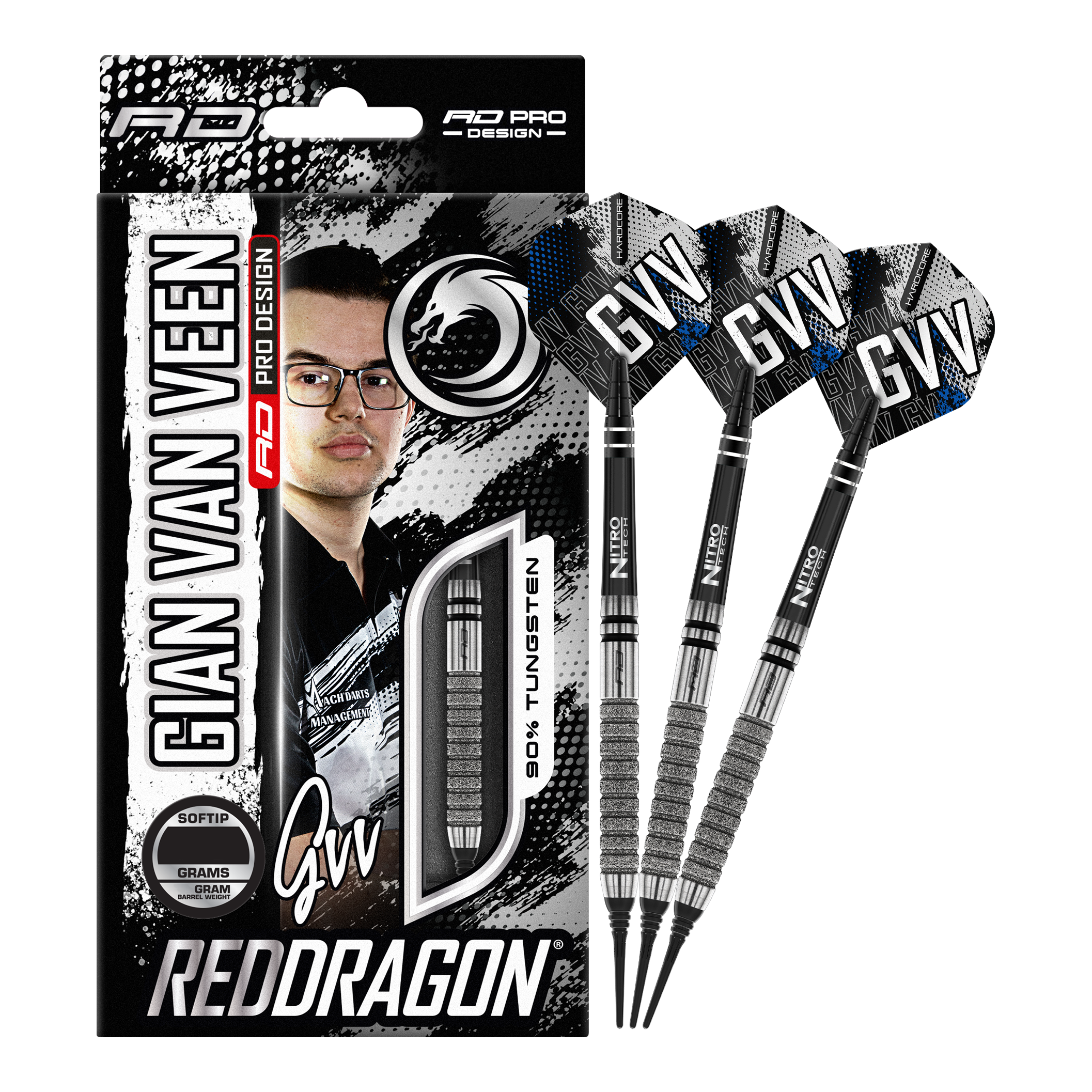 Softdarts Red Dragon Gian Van Veen Tour Edition - 20g Das Bild zeigt die "Red Dragon Gian Van Veen Tour Edition Softdarts - 20g" mit Verpackung und drei Darts. Auf der Verpackung ist ein Porträt von Gian Van Veen sowie die Produktinformationen zu sehen.