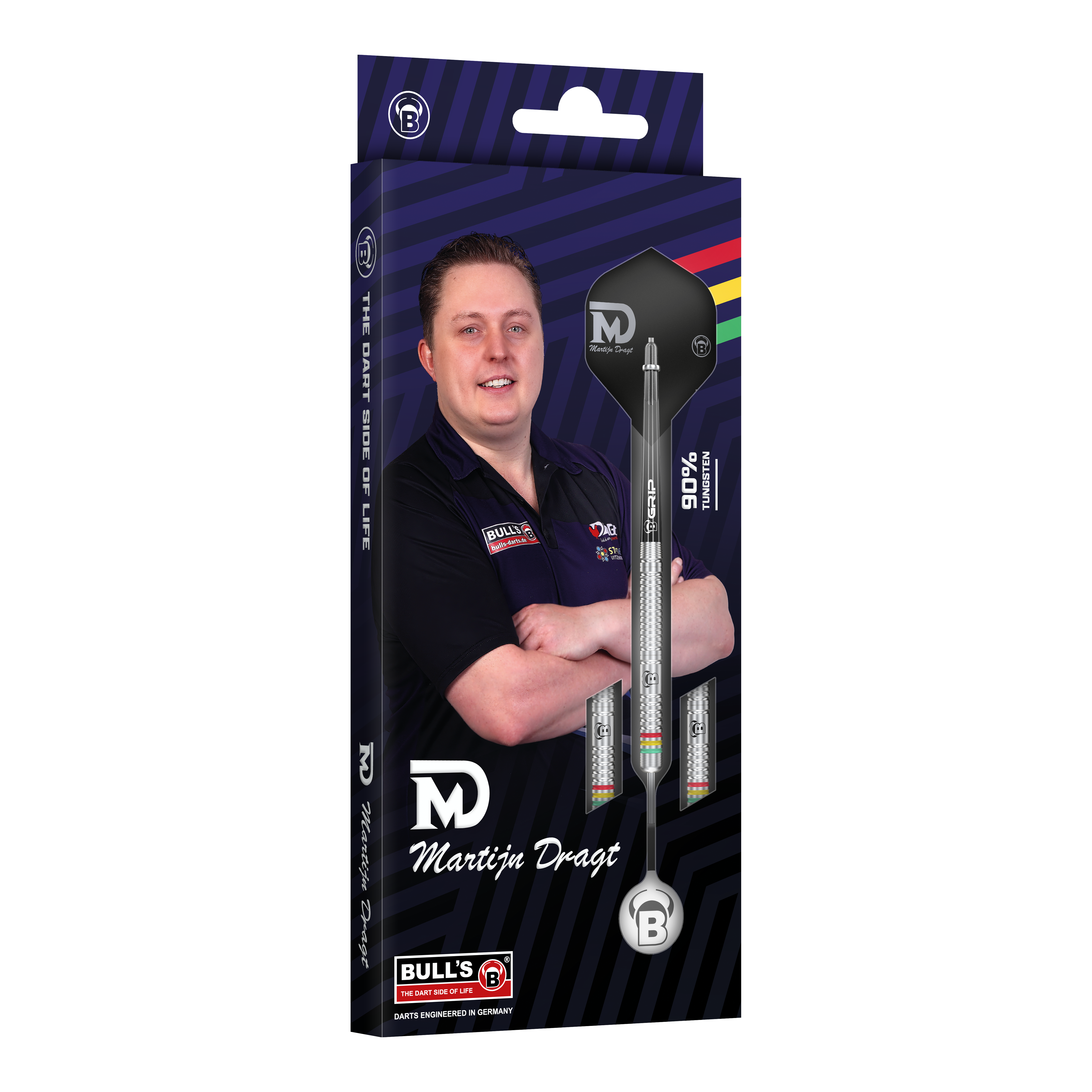 Rzutki Bulls Martijn Dragt Steel - 24g Die Abbildung zeigt die Verpackung der "Bulls Martijn Dragt Steeldarts - 24g". Auf der Schachtel ist ein Bild von Martijn Dragt sowie die abgebildeten Steeldarts zu sehen.