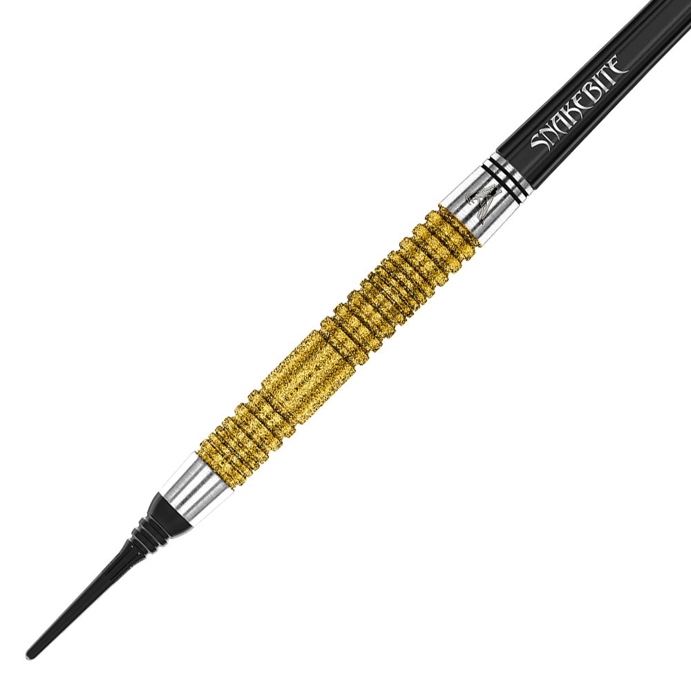 Red Dragon Peter Wright Double World Champion SE Gold Plus Softdarts - 20g Das Bild zeigt einen goldfarbenen Softdartpfeil mit schwarzer Spitze und dem Schriftzug "Snakebite" auf dem Schaft. Es handelt sich um das Modell "Red Dragon Peter Wright Double World Champion SE Gold Plus Softdarts - 20g".