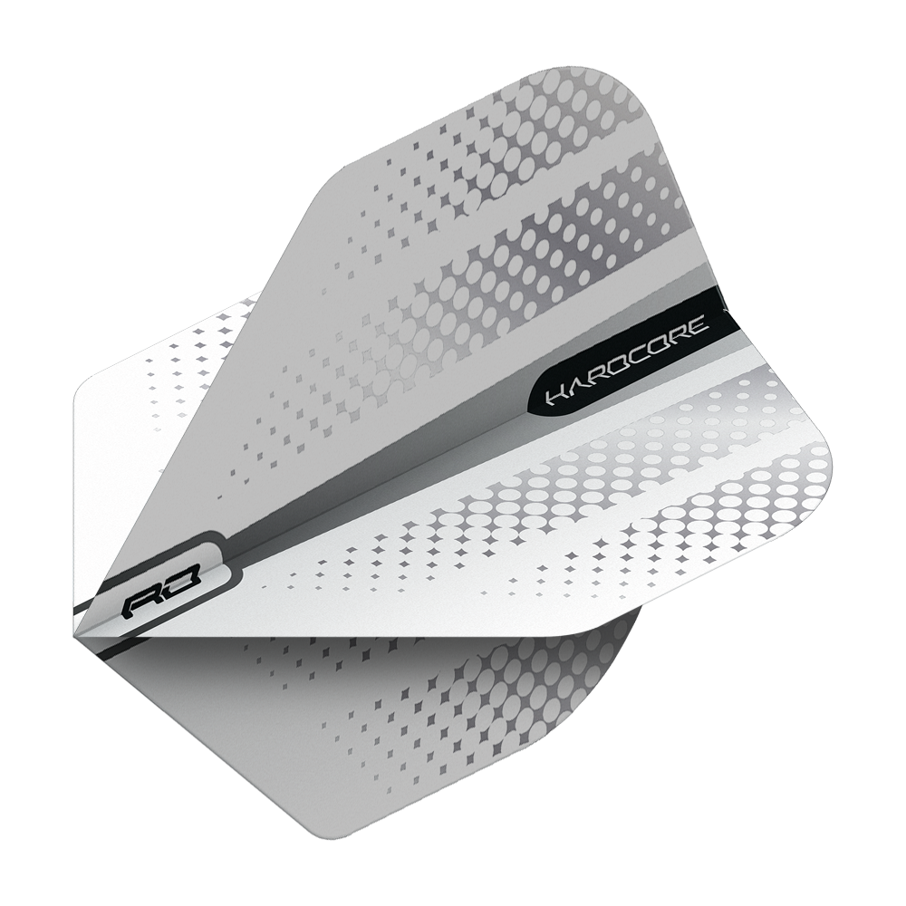 TF6506_Red_Dragon_Hardcore_Radical_Silver_Flash_Standard_Flights_2 Das Bild zeigt die Red Dragon Hardcore Radical Silver Flash Standard Flights. Sie sind silberfarben mit einem modernen Punktmuster und schwarzen Akzenten gestaltet.