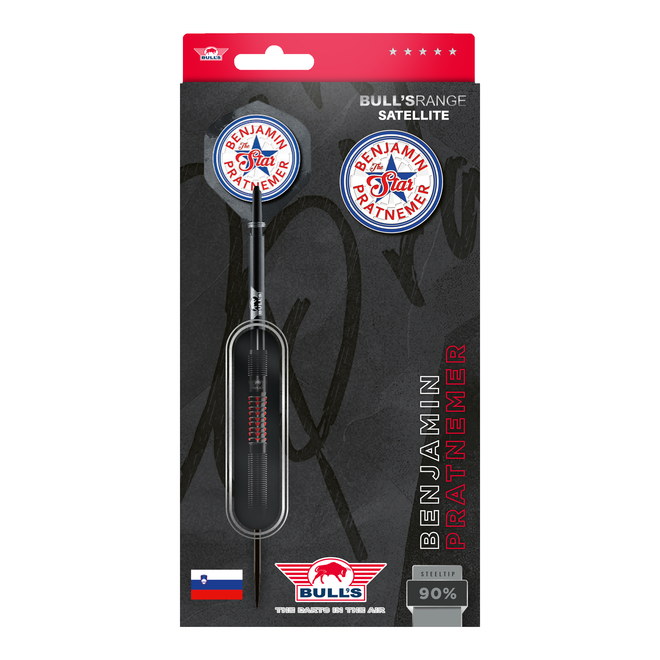 Stalowe lotki Bulls NL Benjamin Pratnemer - 20g Das Bild zeigt die Verpackung der "Bulls NL Benjamin Pratnemer Steeldarts - 20g". Auf der Verpackung sind ein Dartpfeil, Ersatzflights und der Name Benjamin Pratnemer abgebildet.