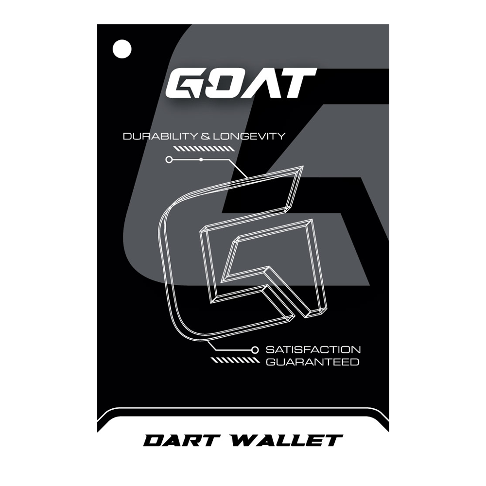 Das Bild zeigt die Verpackung des Produkts "GOAT Locker S Dartwallet". Es hebt die Eigenschaften Langlebigkeit und Zufriedenheit hervor.