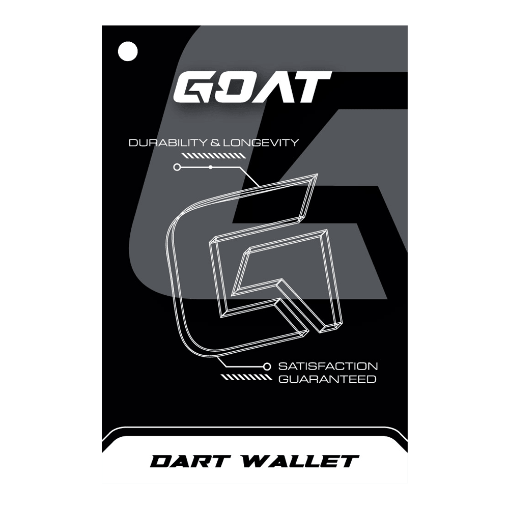 Portfel do darta GOAT Locker XL Das Bild zeigt die Verpackung des Produkts "GOAT Locker S Dartwallet". Es hebt die Eigenschaften Langlebigkeit und Zufriedenheit hervor.