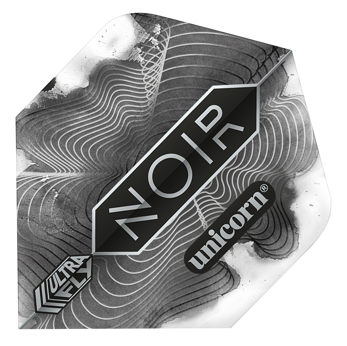 69004_p1 Das Bild zeigt ein Dartflight mit dem Namen "Unicorn Ultrafly 100 Plus Noir Organic Flights". Das Design ist schwarz-weiß mit wellenförmigen Linien und den Aufschriften "NOIR", "unicorn" und "ULTRAFLY".