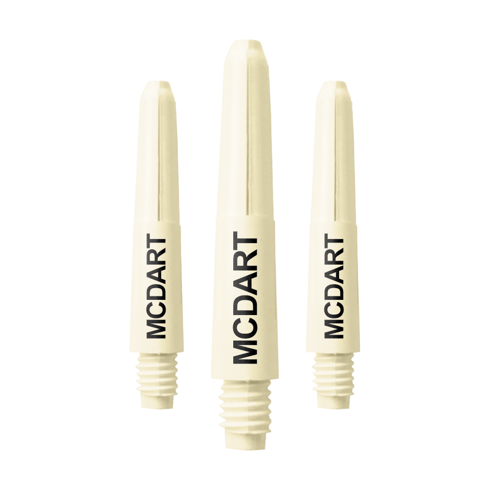 MD-604_Nylon_Shafts_mit_Wunschdruck_Naturweiss_28mm_1 Auf dem Bild sind drei naturweiße Dartschäfte aus Nylon zu sehen. Auf jedem Schaft steht der Schriftzug "MCDART".