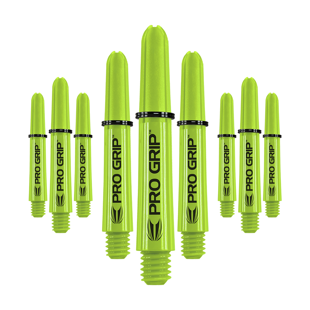 Uchwyty Target Pro Grip - 3 zestawy - limonkowy Auf dem Bild sind mehrere limegrüne Pro Grip Dartschäfte zu sehen. Sie sind in drei Sets angeordnet und tragen die Aufschrift "PRO GRIP".
