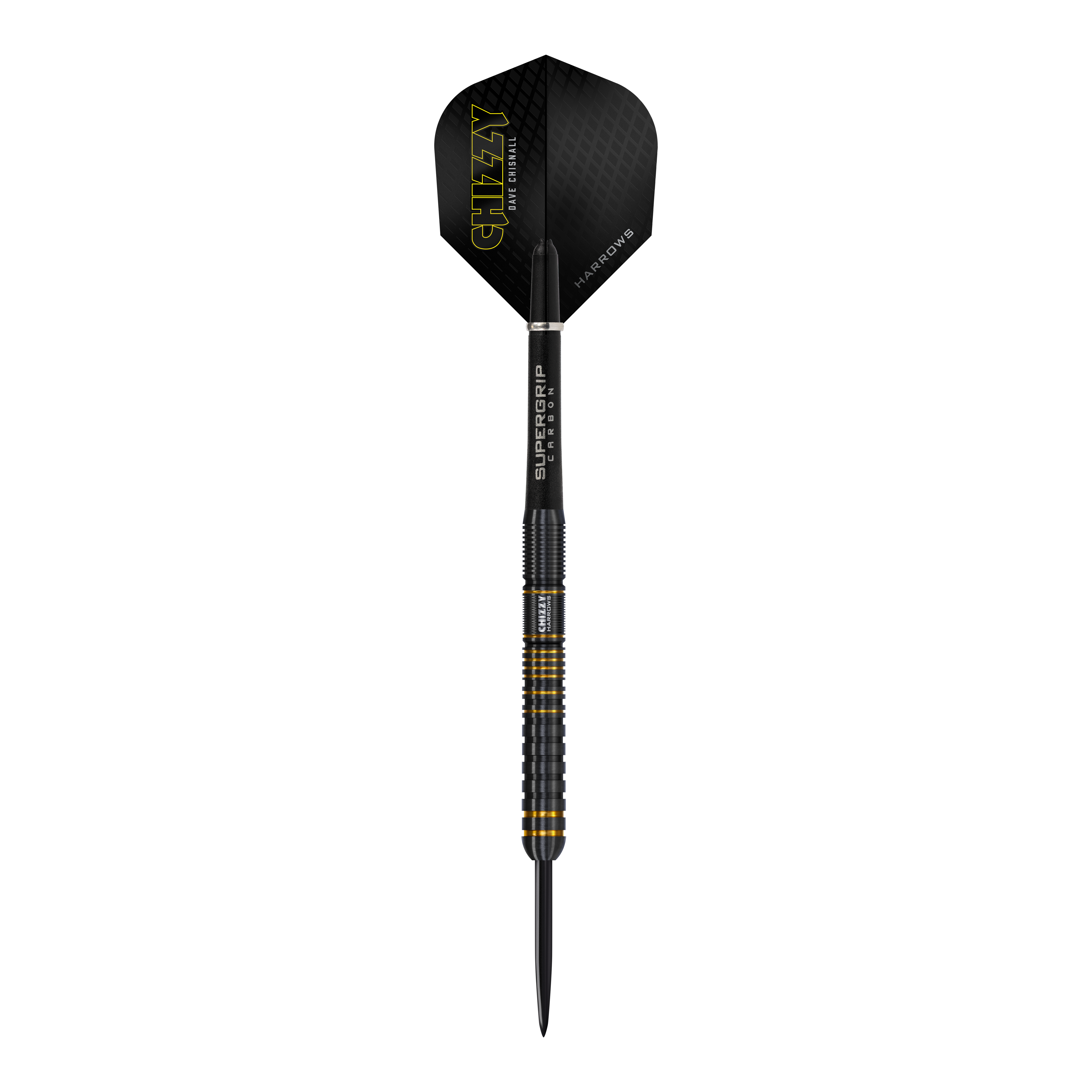 Stalowe lotki Harrow's Dave Chisnall Chizzy Series 3 Das Bild zeigt den Harrows Dave Chisnall Chizzy Series 3 Steeldart. Der Dart ist schwarz mit gelben Akzenten und hat den Schriftzug "CHIZZY" auf dem Flight.