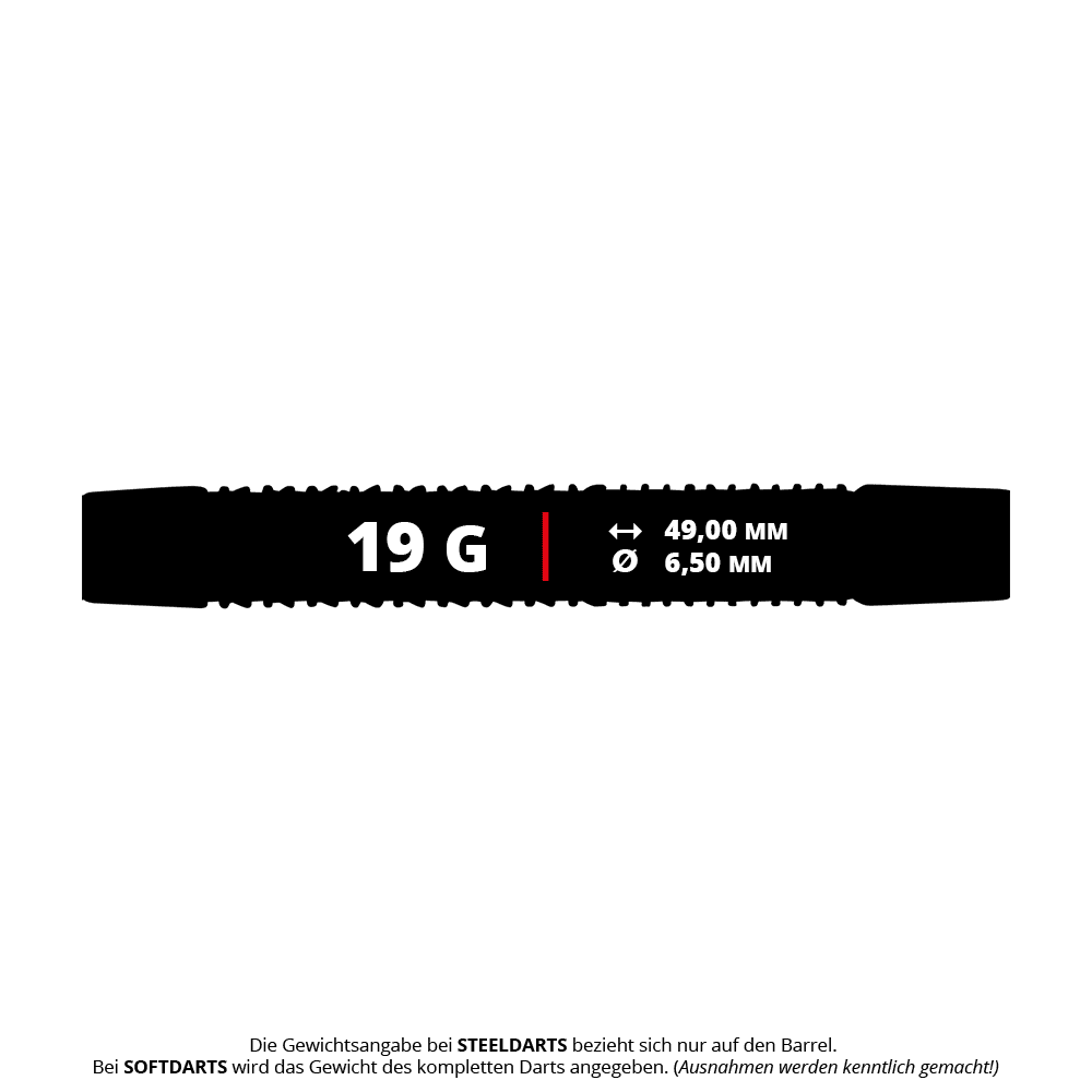 Unicorn Core XL Striker Style 1 Miękkie lotki - 19 g Das Bild zeigt die Maße und das Gewicht des Produkts "Unicorn Core XL Striker Style 1 Softdarts - 19g". Der Dart wiegt 19 Gramm, ist 49,00 mm lang und hat einen Durchmesser von 6,50 mm.