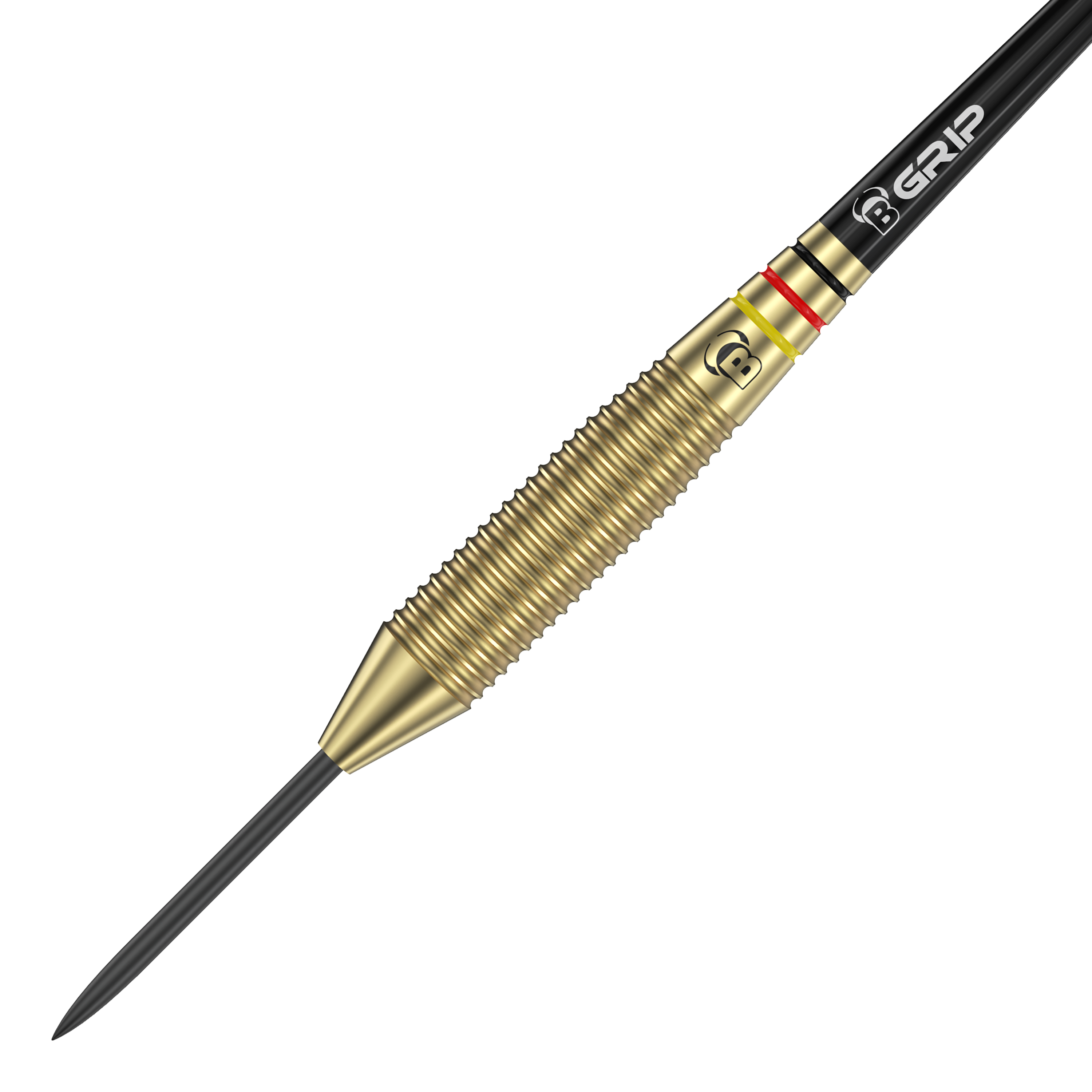 Byki Martin Schindler The Wall Brass Steeldarts Auf dem Bild ist ein Bulls Martin Schindler The Wall Brass Steeldart zu sehen. Der Dart besitzt einen messingfarbenen, geriffelten Griffbereich und eine schwarze Spitze.