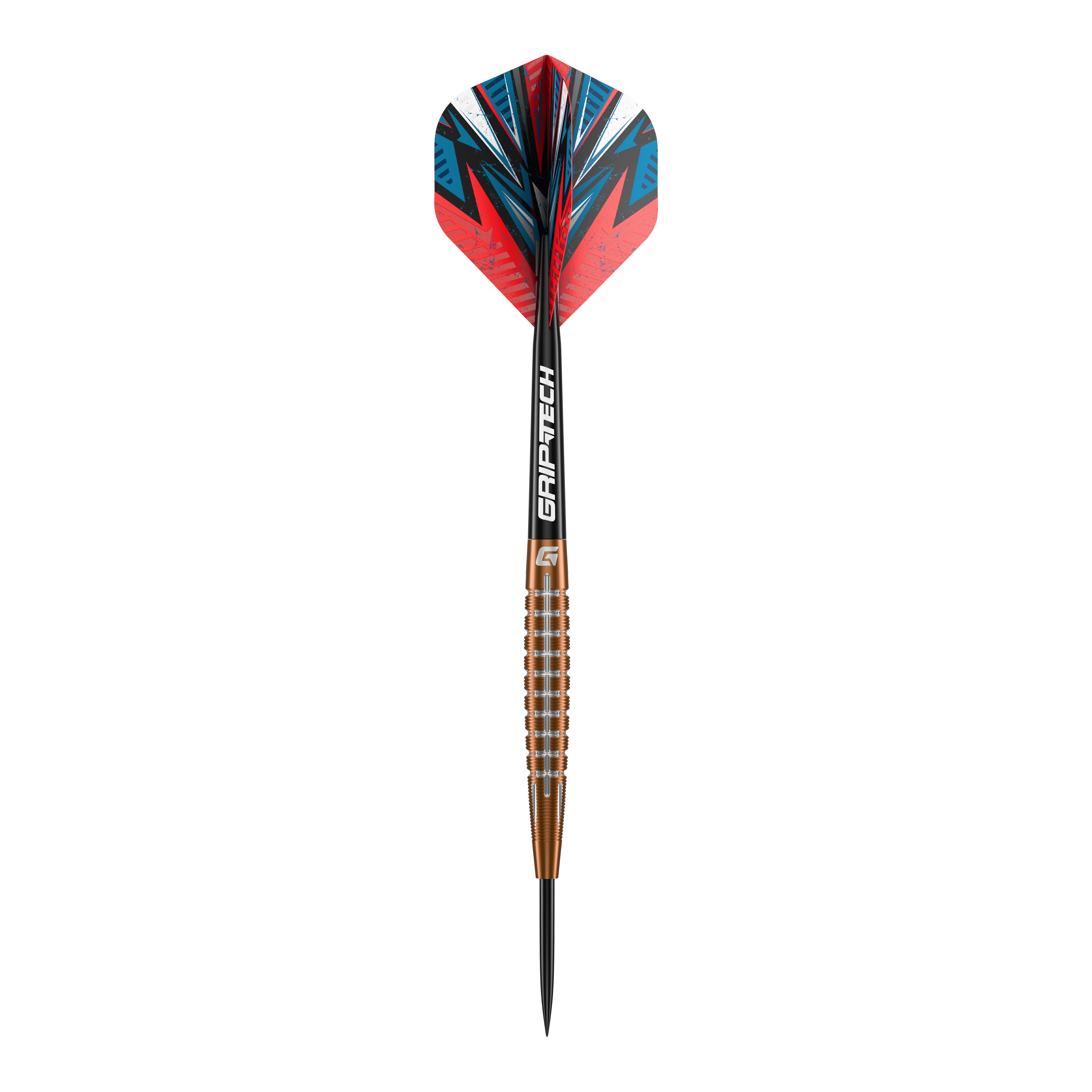Lotki GOAT Quarterback V1 ze stali wolframowej Das Bild zeigt einen GOAT Quarterback V1 Tungsten Steeldart mit auffälligen roten und blauen Flights. Der Dart hat einen geriffelten, bronzefarbenen Schaft und eine schwarze Spitze.