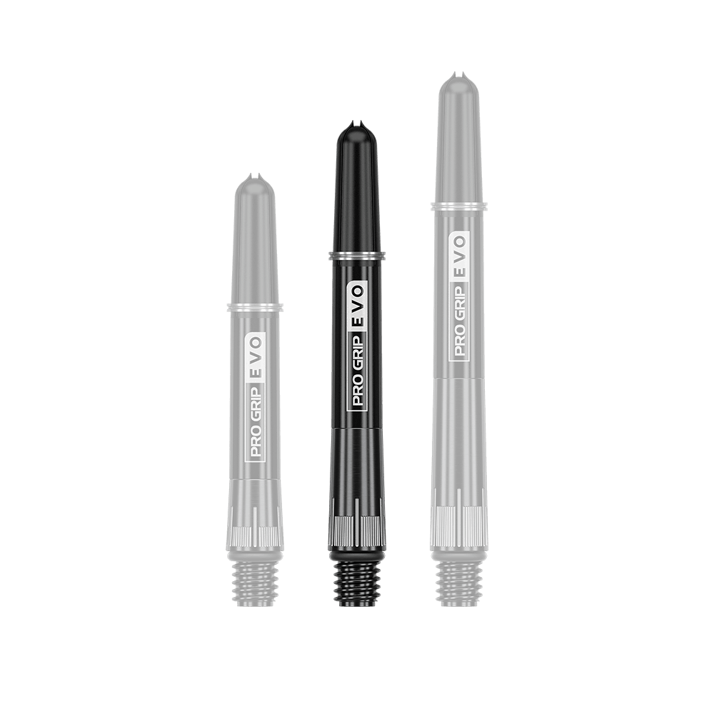 Das Bild zeigt drei schwarze Dartschäfte in unterschiedlichen Längen. Auf den Schäften steht "PRO GRIP EVO" in weißer Schrift.