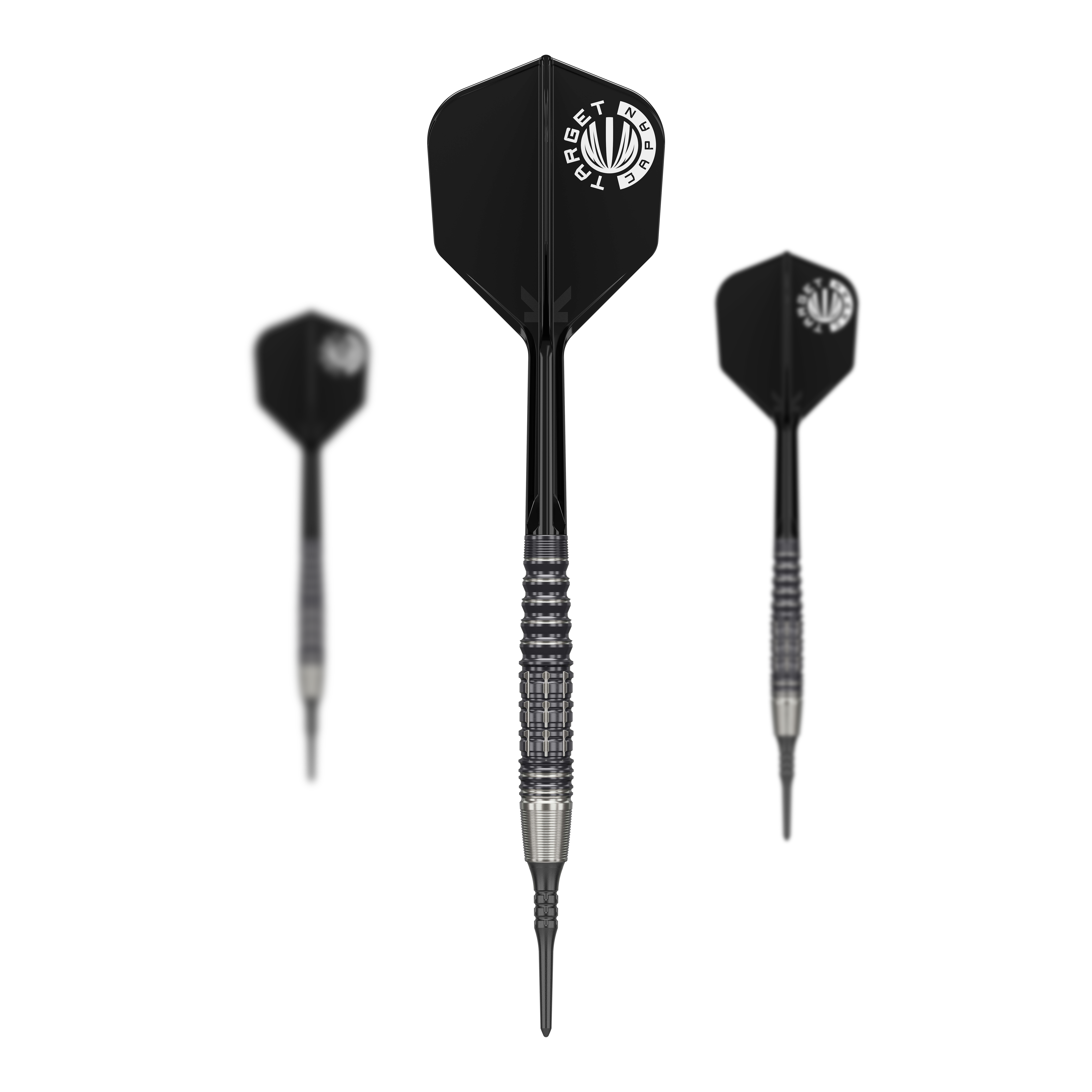 Target Japan Prime Series Harold Ching GEN1 Zenith MAX Soft Darts - 21g Das Bild zeigt drei schwarze Softdarts der Serie "Target Japan Prime Series Harold Ching GEN1 Zenith MAX" mit 21g Gewicht. Die Darts haben silberne Details am Griff und schwarze Flights mit weißem Logo.