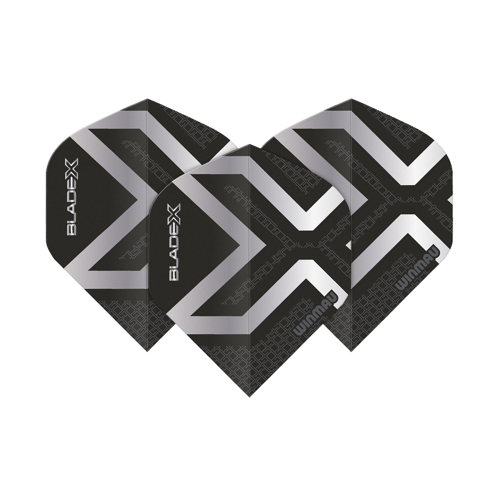 Hier sind die Winmau Prism Delta Blade X Metallic Silver No2 Standard Flights abgebildet. Es handelt sich um silberne Dartflights für präzises Darten.