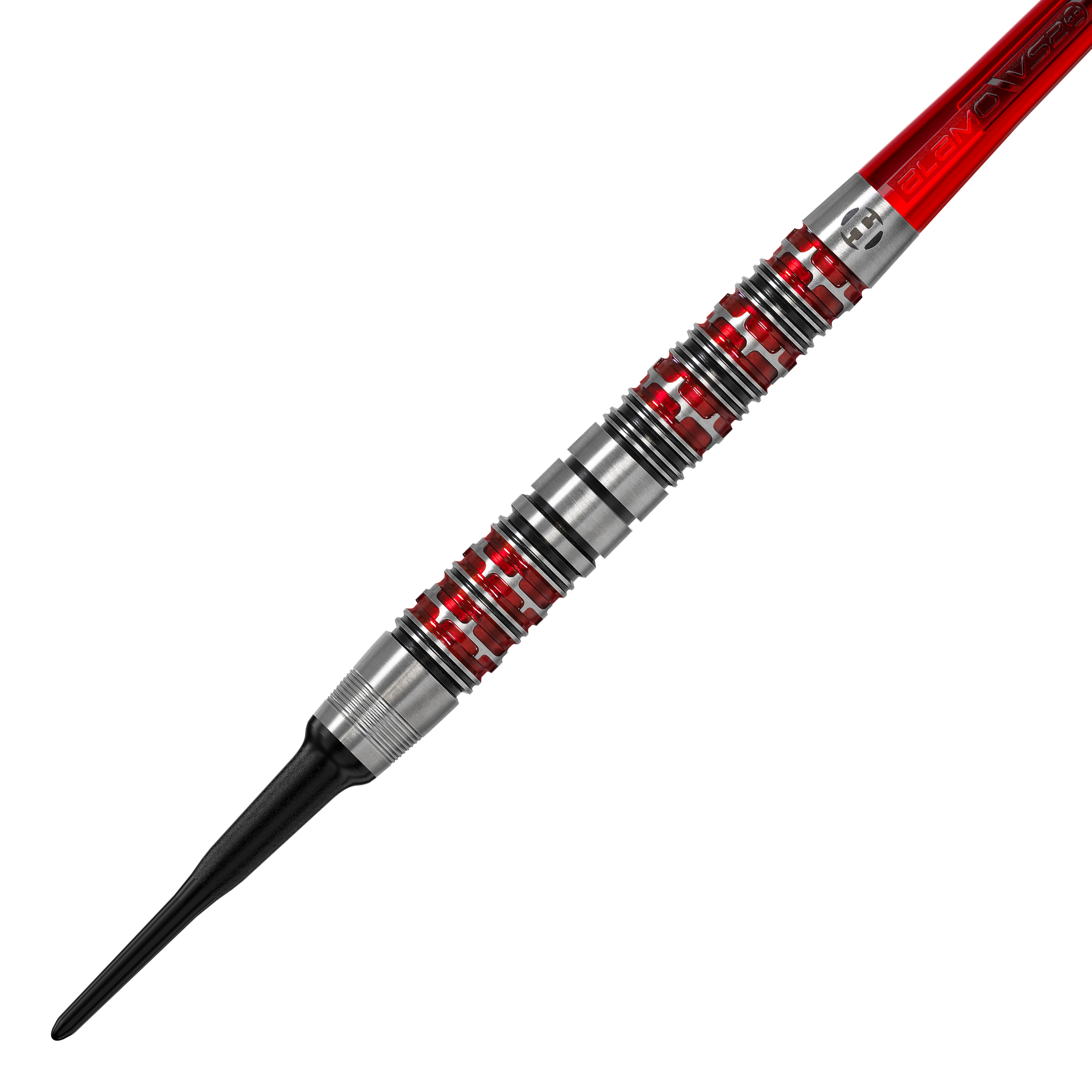 Harrow's Damon Heta Series 3 miękkie lotki Dies ist ein Harrows Damon Heta Series 3 Softdart. Der Dartpfeil hat ein silbernes Griffstück mit roten Akzenten und einer schwarzen Spitze.