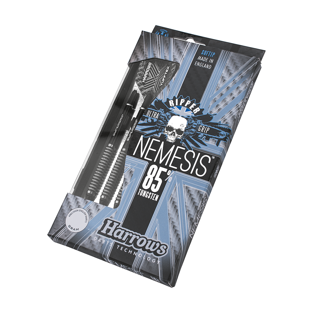 HA06816-Harrows-Nemesis-85-Softdarts-3-4-Plastikbox Auf dem Bild ist eine Verpackung mit Harrows Nemesis Softdarts zu sehen. Die Darts bestehen zu 85 % aus Tungsten und werden in England hergestellt.