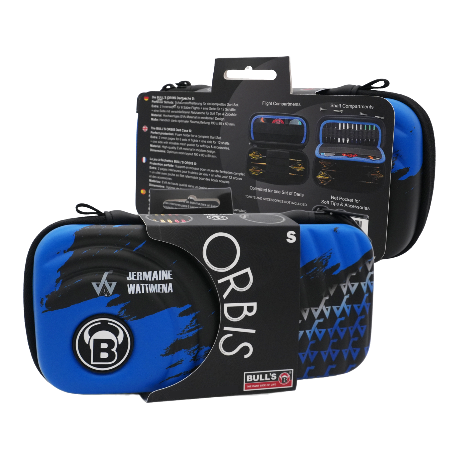 Das Bild zeigt das Produkt "Bulls Orbis S Jermaine Wattimena Dartcase" in blauer und schwarzer Farbe. Die Darttasche ist kompakt und eignet sich zum sicheren Aufbewahren von Dartzubehör.