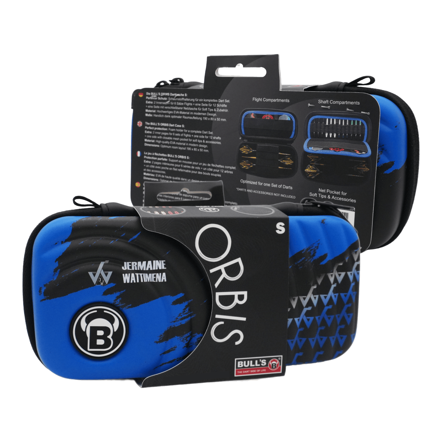 Pokrowiec na rzutki Bulls Orbis S Jermaine Watttimena Das Bild zeigt das Produkt "Bulls Orbis S Jermaine Wattimena Dartcase" in blauer und schwarzer Farbe. Die Darttasche ist kompakt und eignet sich zum sicheren Aufbewahren von Dartzubehör.